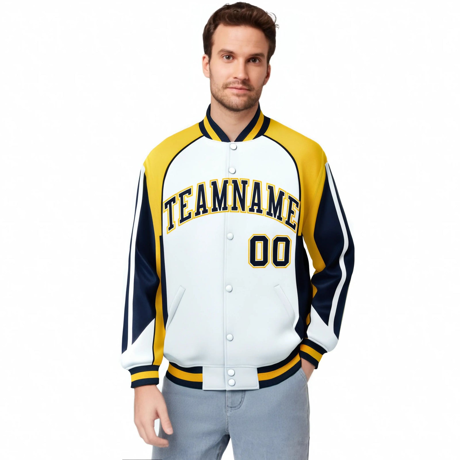 Custom White Yellow-Navy Raglan Sleeves Varsity Letterman Two Tone Jacket