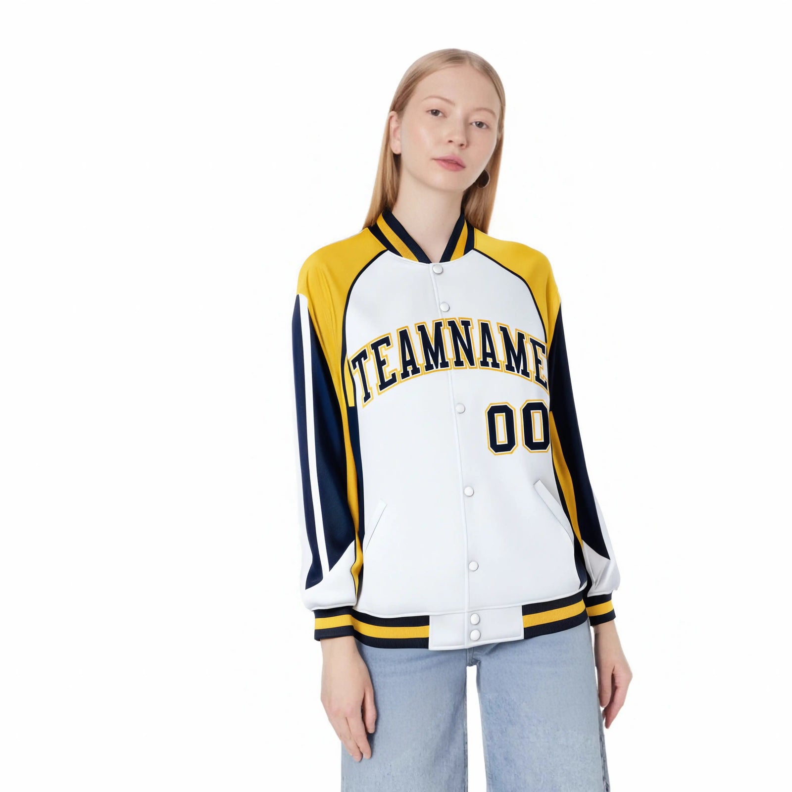 Custom White Yellow-Navy Raglan Sleeves Varsity Letterman Two Tone Jacket