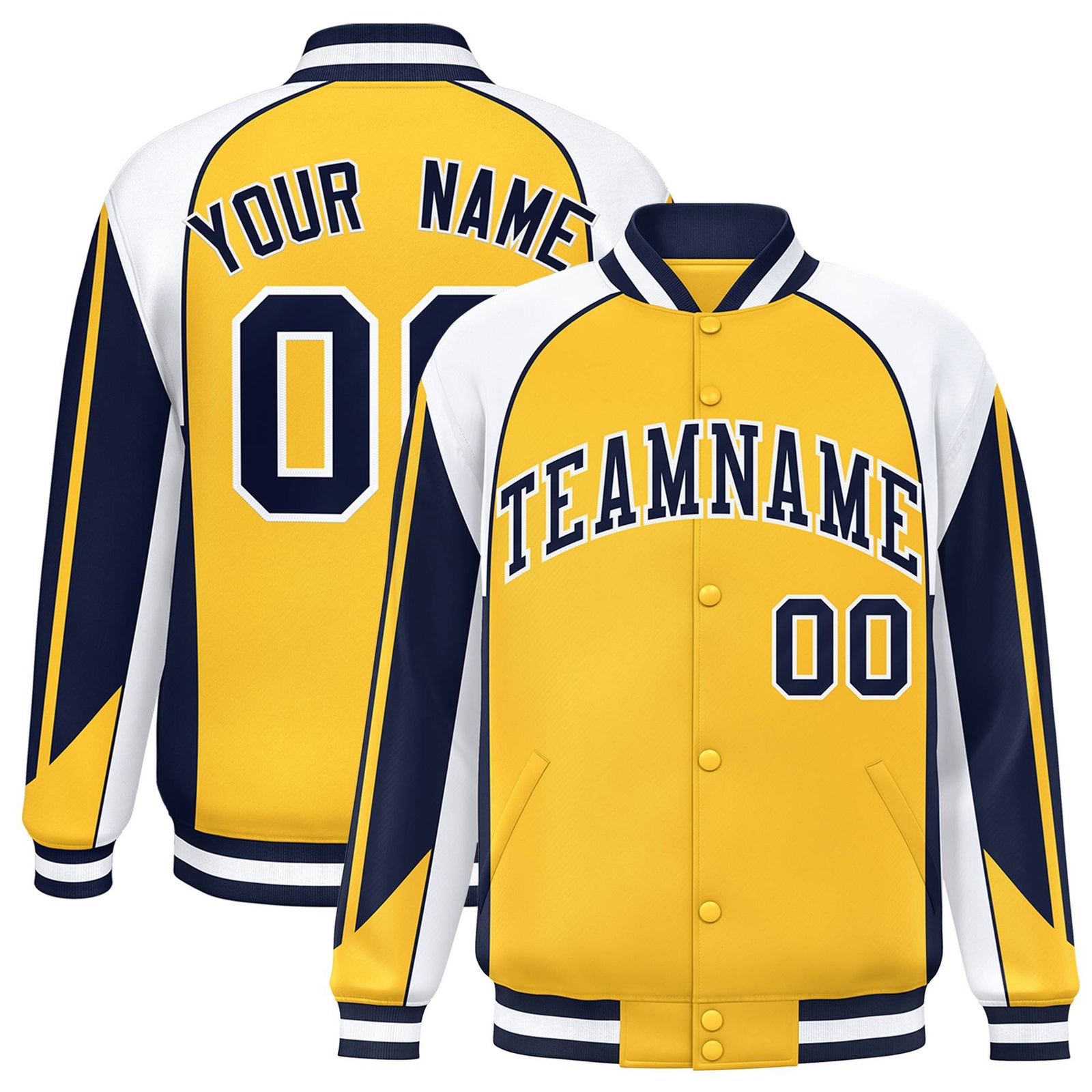 Custom Yellow White-Navy Raglan Sleeves Varsity Letterman Two Tone Jacket