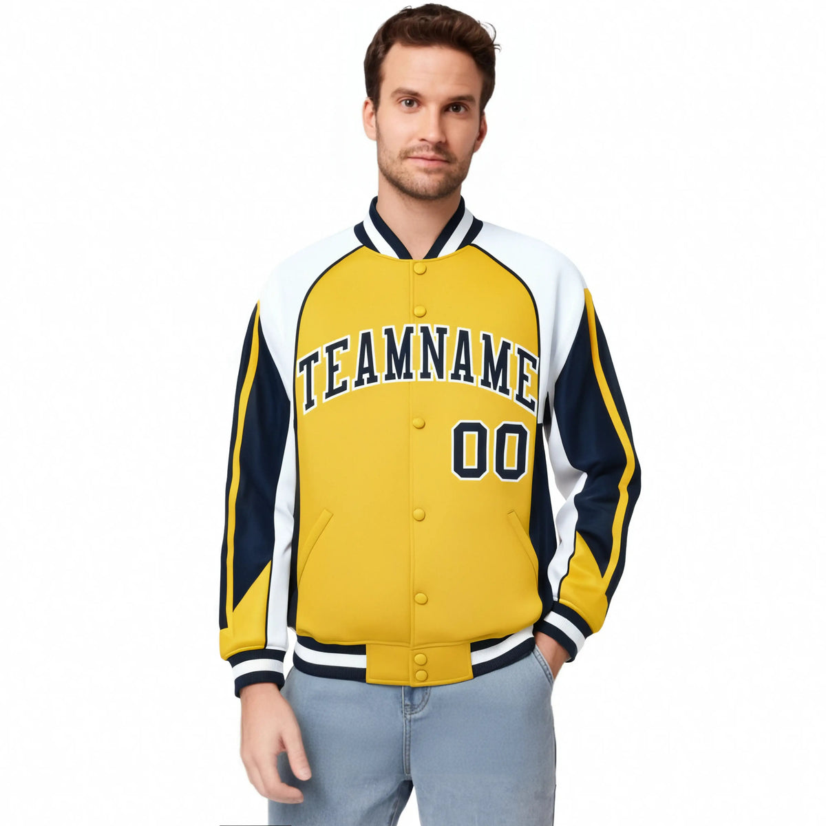 Custom Yellow White-Navy Raglan Sleeves Varsity Letterman Two Tone Jacket