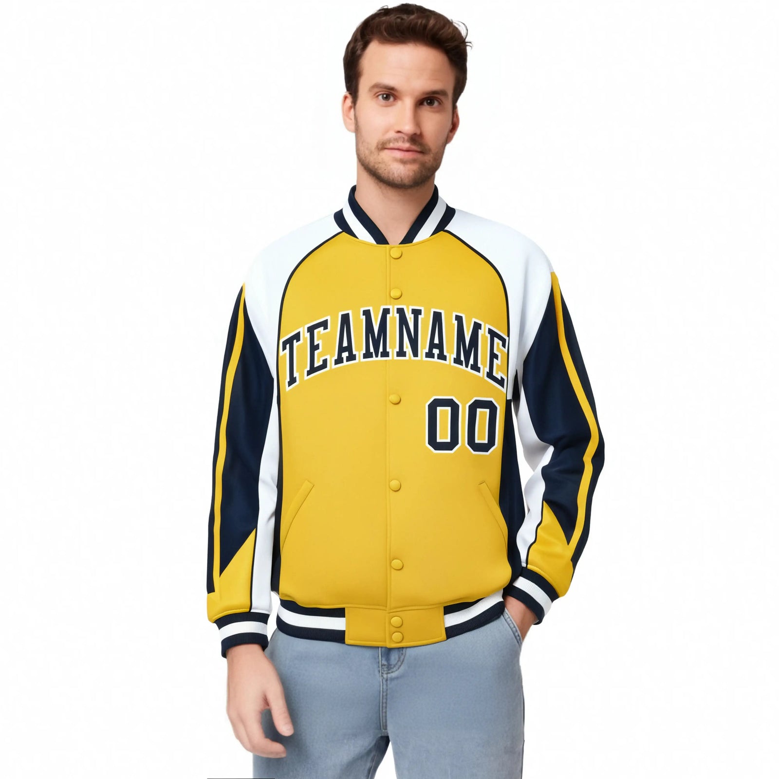 Custom Yellow White-Navy Raglan Sleeves Varsity Letterman Two Tone Jacket