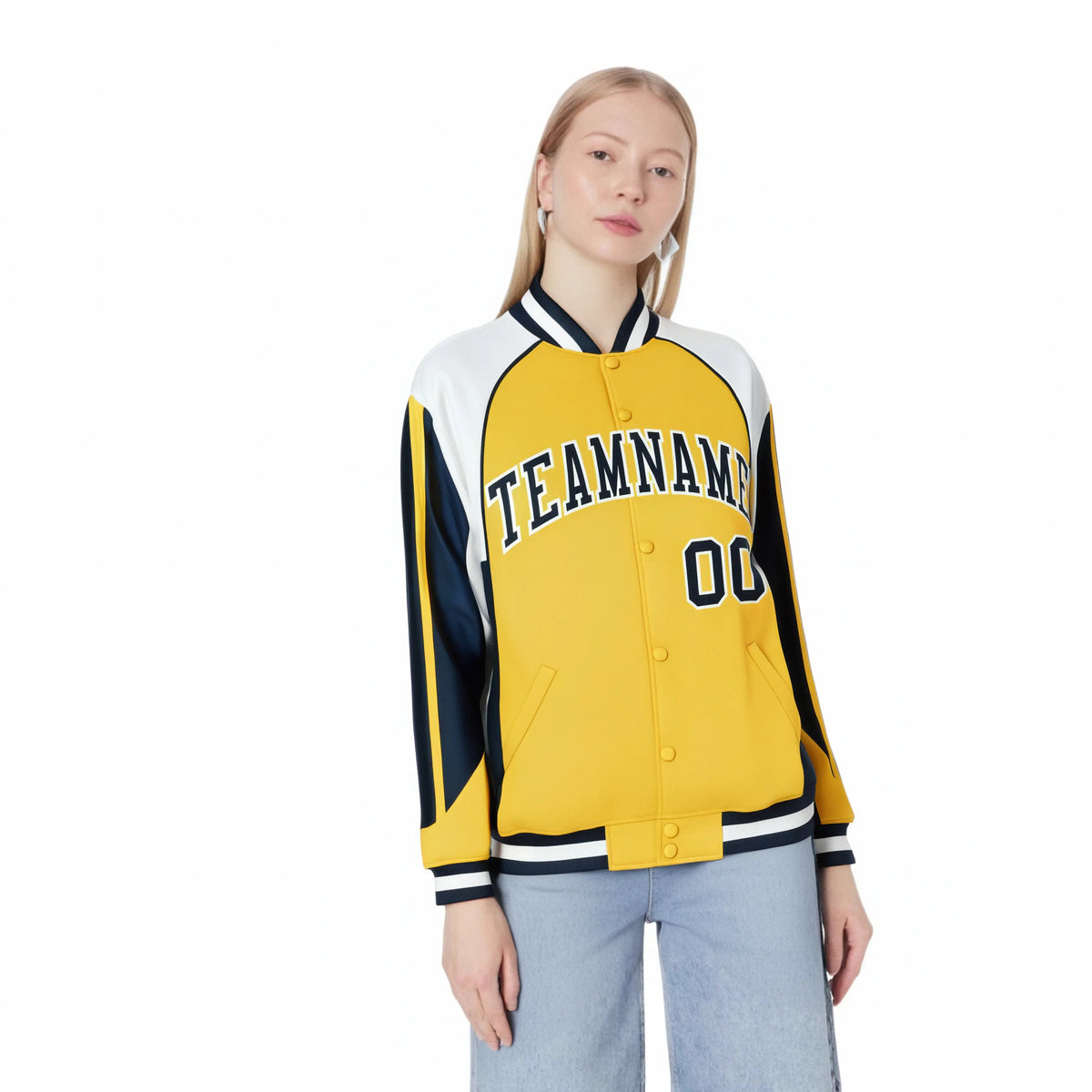 Custom Yellow White-Navy Raglan Sleeves Varsity Letterman Two Tone Jacket