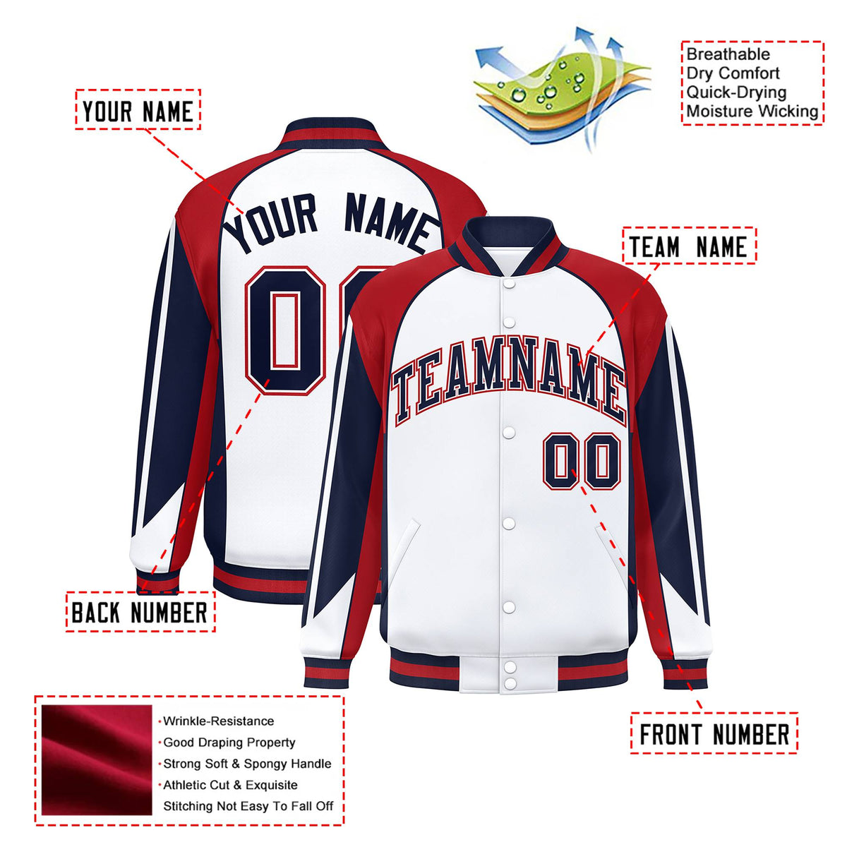 Custom White Red-Navy Raglan Sleeves Varsity Letterman Two Tone Jacket