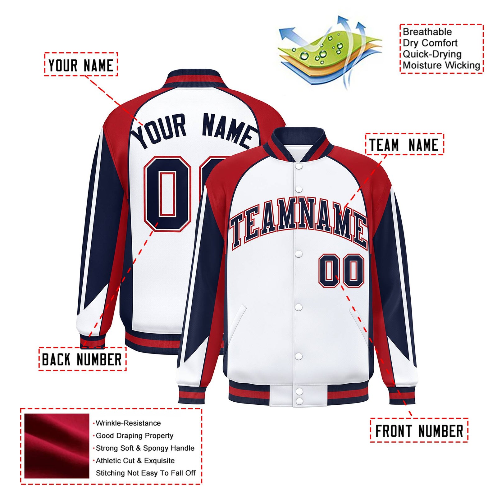 Custom White Red-Navy Raglan Sleeves Varsity Letterman Two Tone Jacket