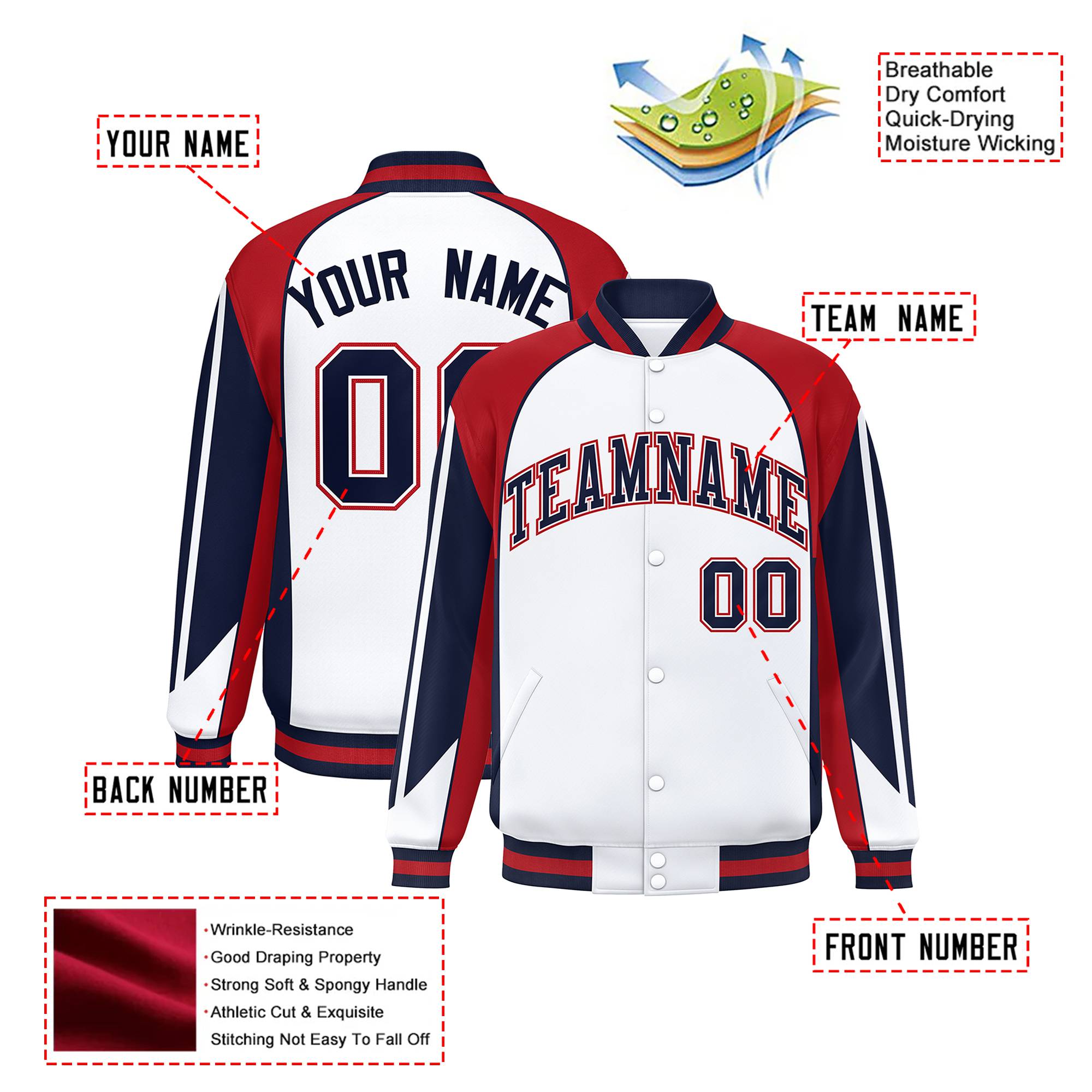Custom White Red-Navy Raglan Sleeves Varsity Letterman Two Tone Jacket