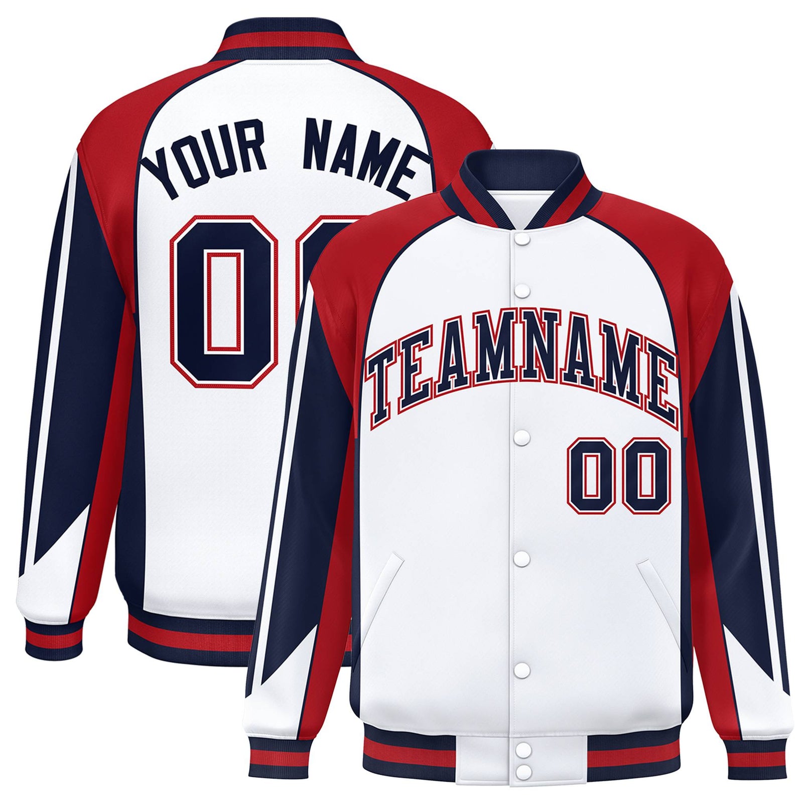 Custom White Red-Navy Raglan Sleeves Varsity Letterman Two Tone Jacket