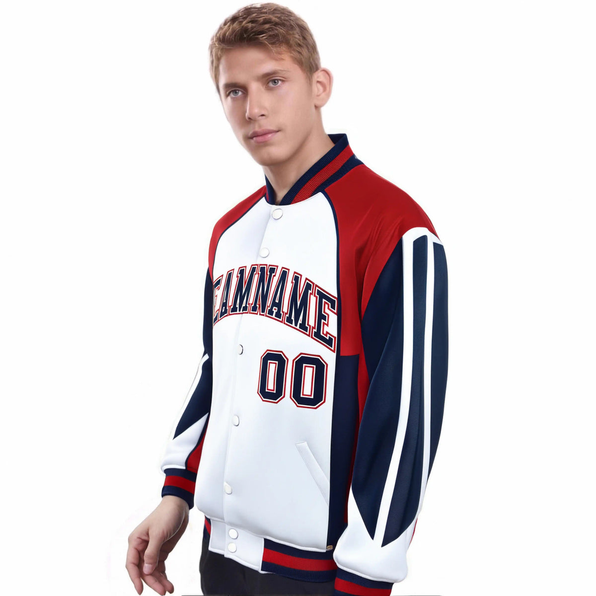 Custom White Red-Navy Raglan Sleeves Varsity Letterman Two Tone Jacket