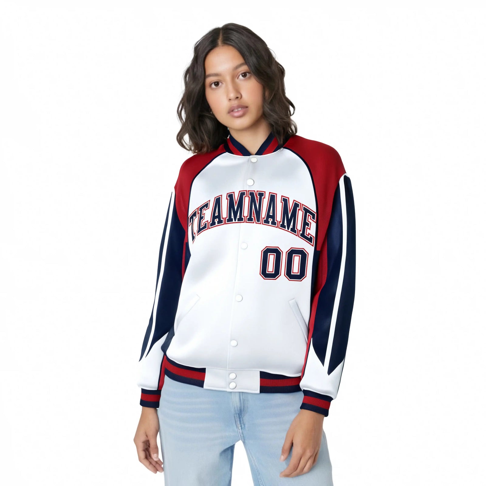 Custom White Red-Navy Raglan Sleeves Varsity Letterman Two Tone Jacket