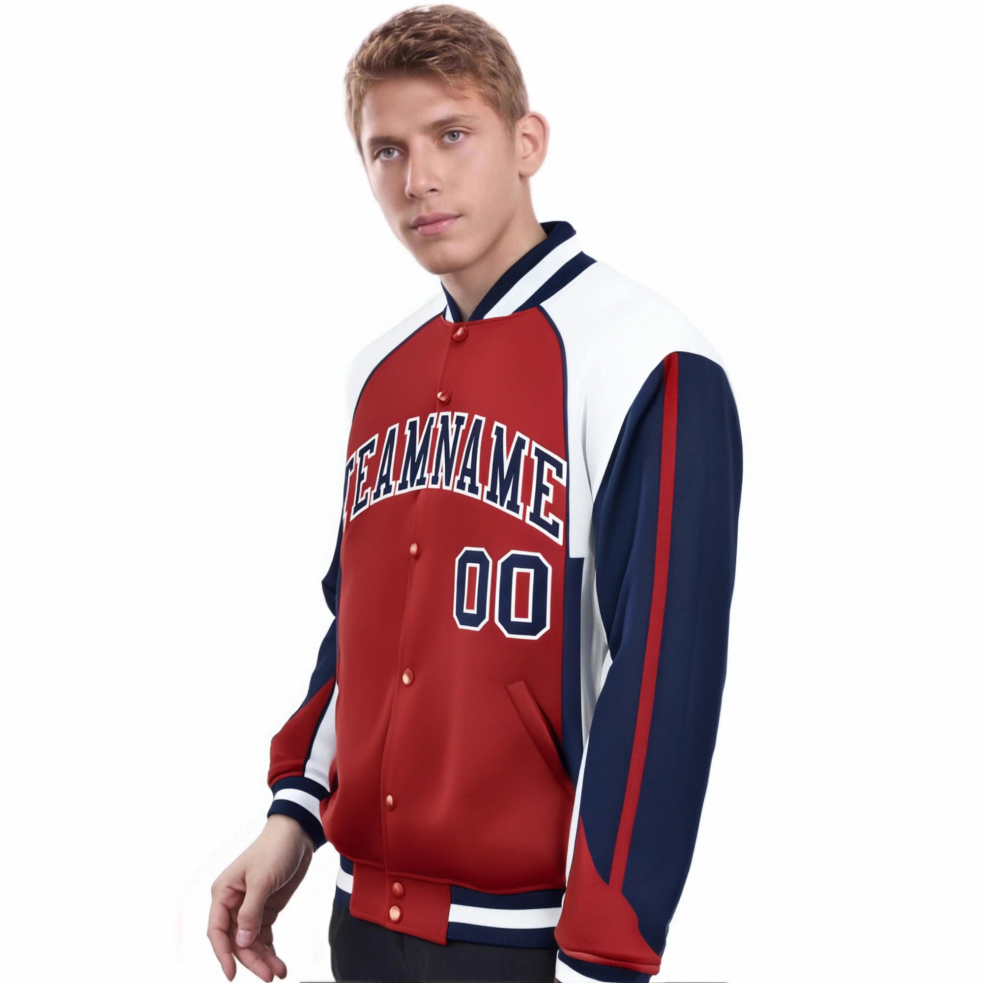 Custom Red White-Navy Raglan Sleeves Varsity Letterman Two Tone Jacket