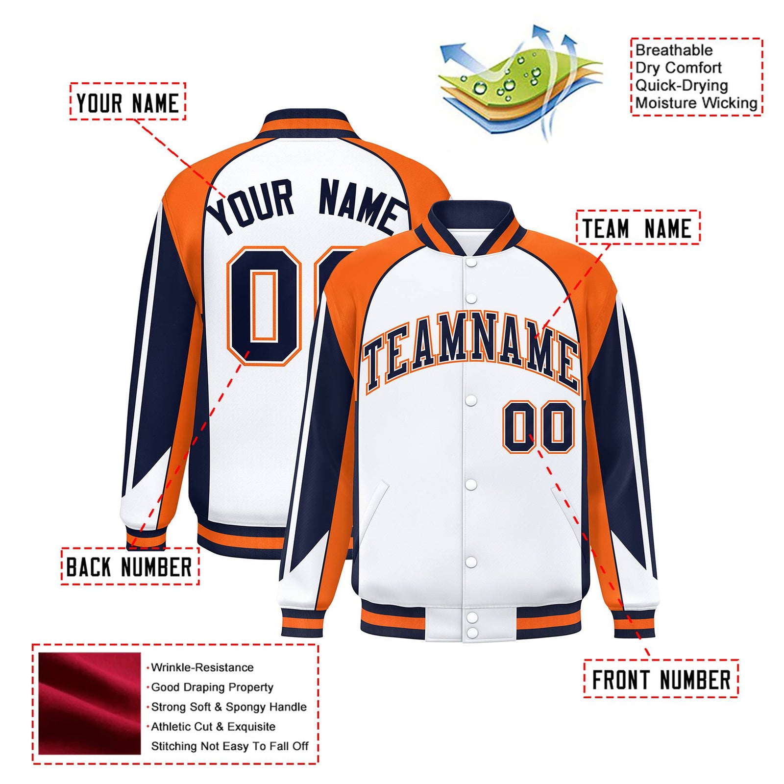 Custom White Orange-Navy Raglan Sleeves Varsity Letterman Two Tone Jacket