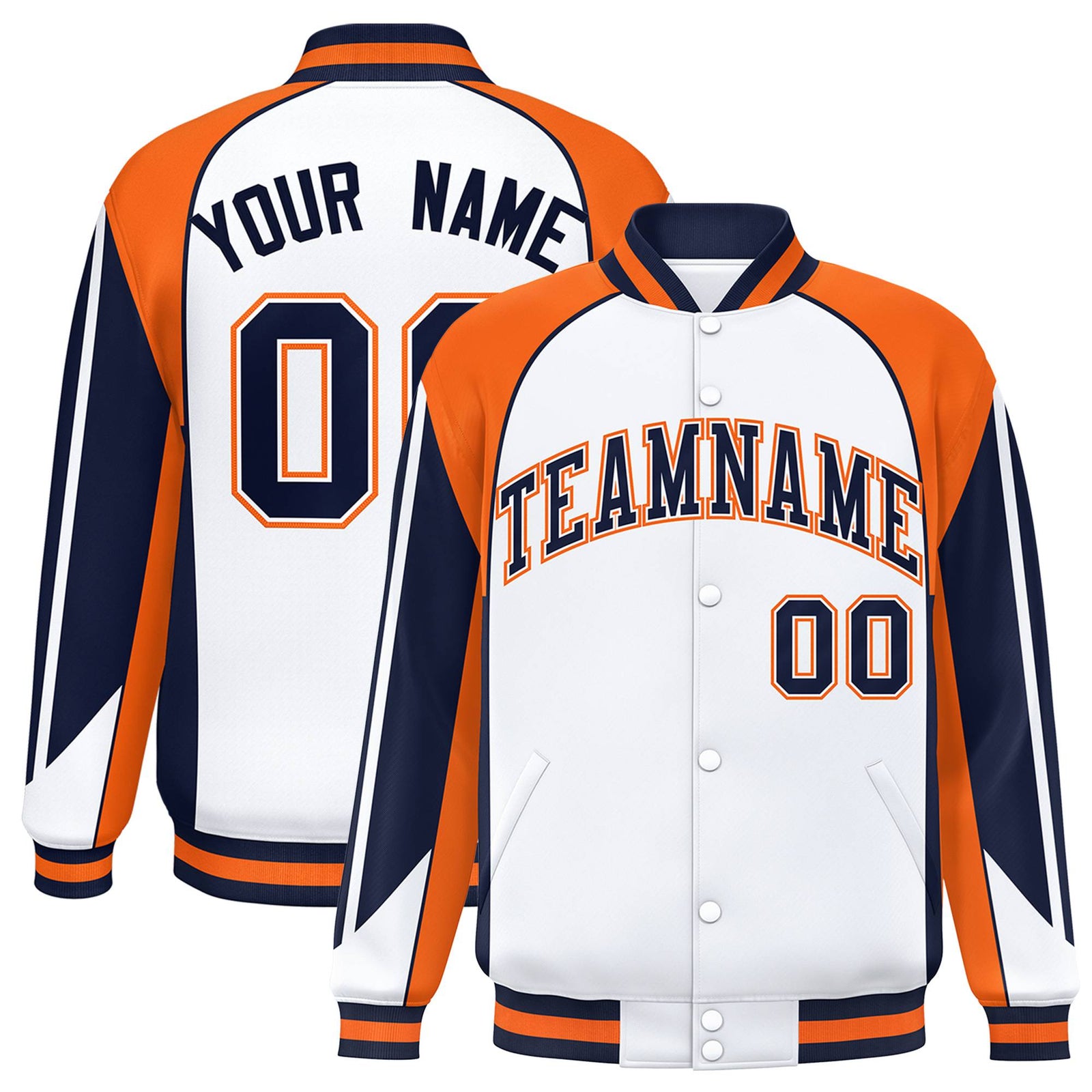 Custom White Orange-Navy Raglan Sleeves Varsity Letterman Two Tone Jacket