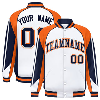 Custom White Orange-Navy Raglan Sleeves Varsity Letterman Jacket - Style 1