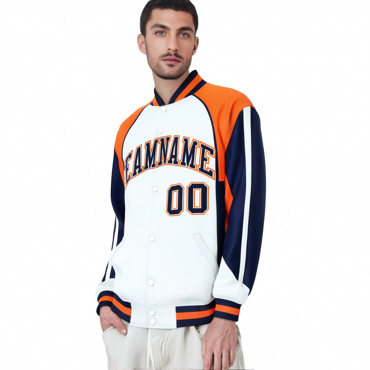 Custom White Orange-Navy Raglan Sleeves Varsity Letterman Two Tone Jacket