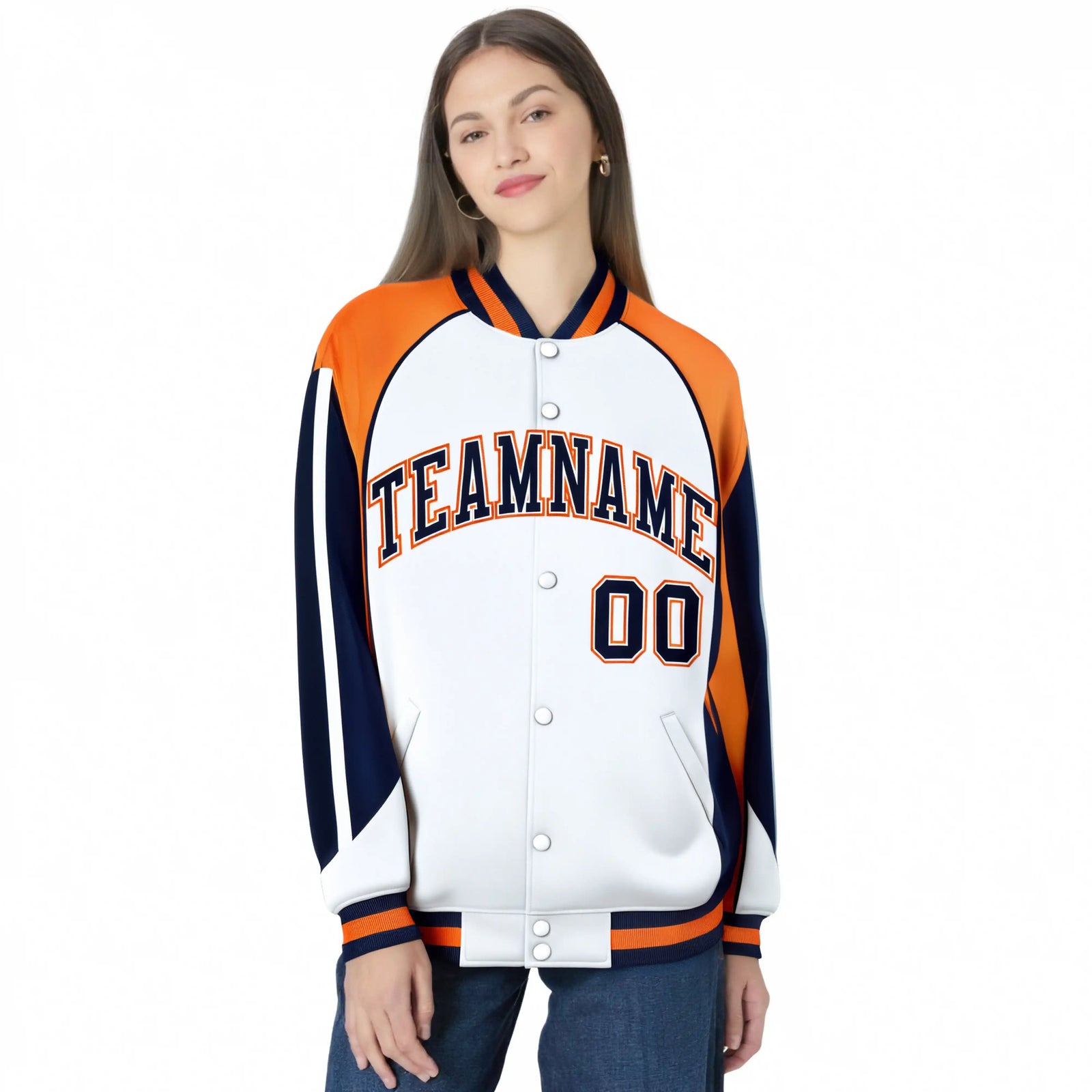 Custom White Orange-Navy Raglan Sleeves Varsity Letterman Two Tone Jacket