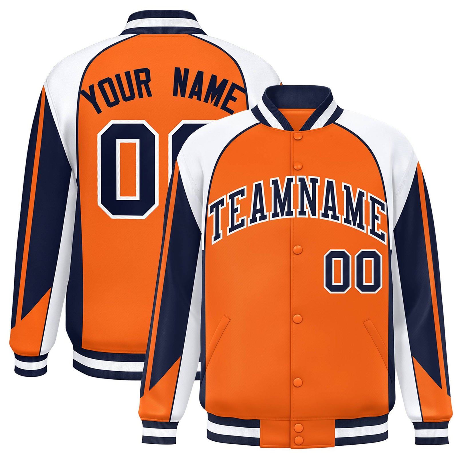 Custom Orange White-Navy Raglan Sleeves Varsity Letterman Two Tone Jacket
