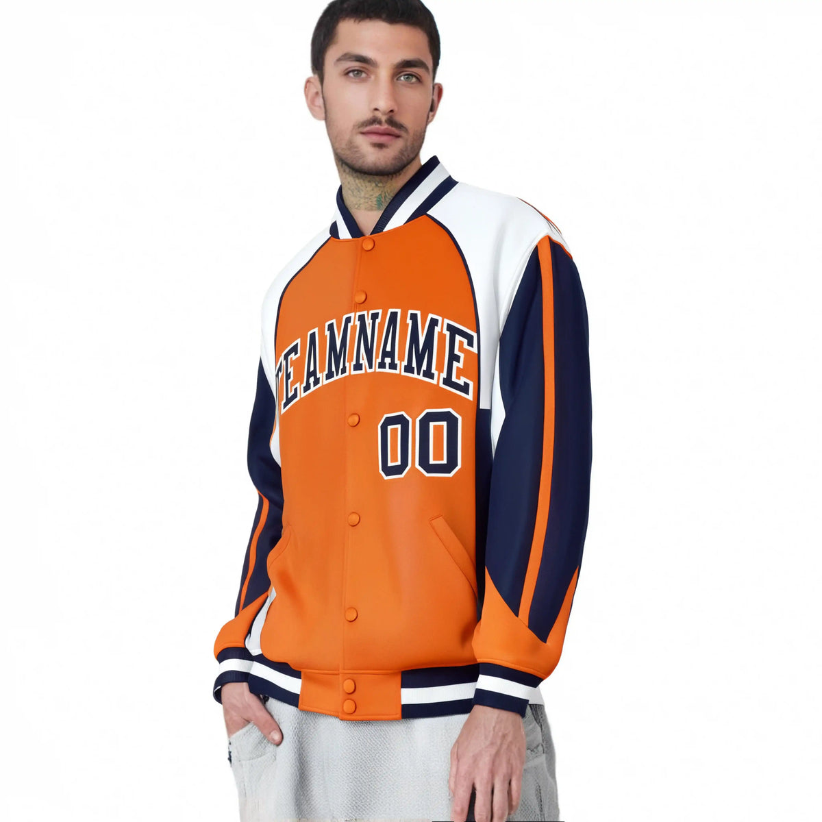Custom Orange White-Navy Raglan Sleeves Varsity Letterman Two Tone Jacket