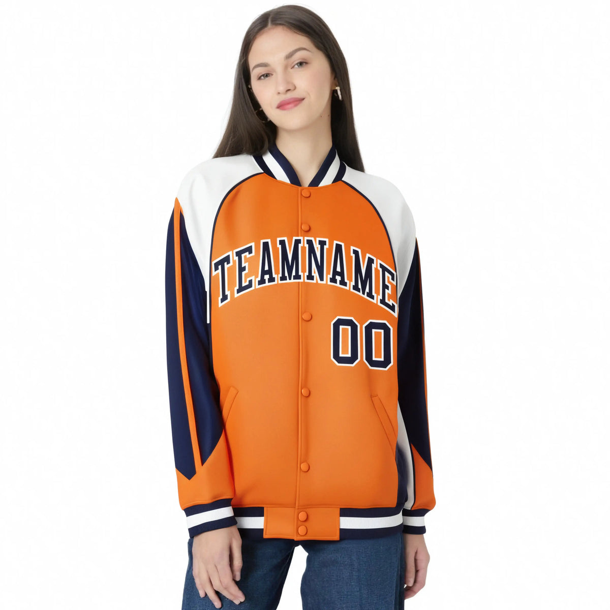 Custom Orange White-Navy Raglan Sleeves Varsity Letterman Two Tone Jacket