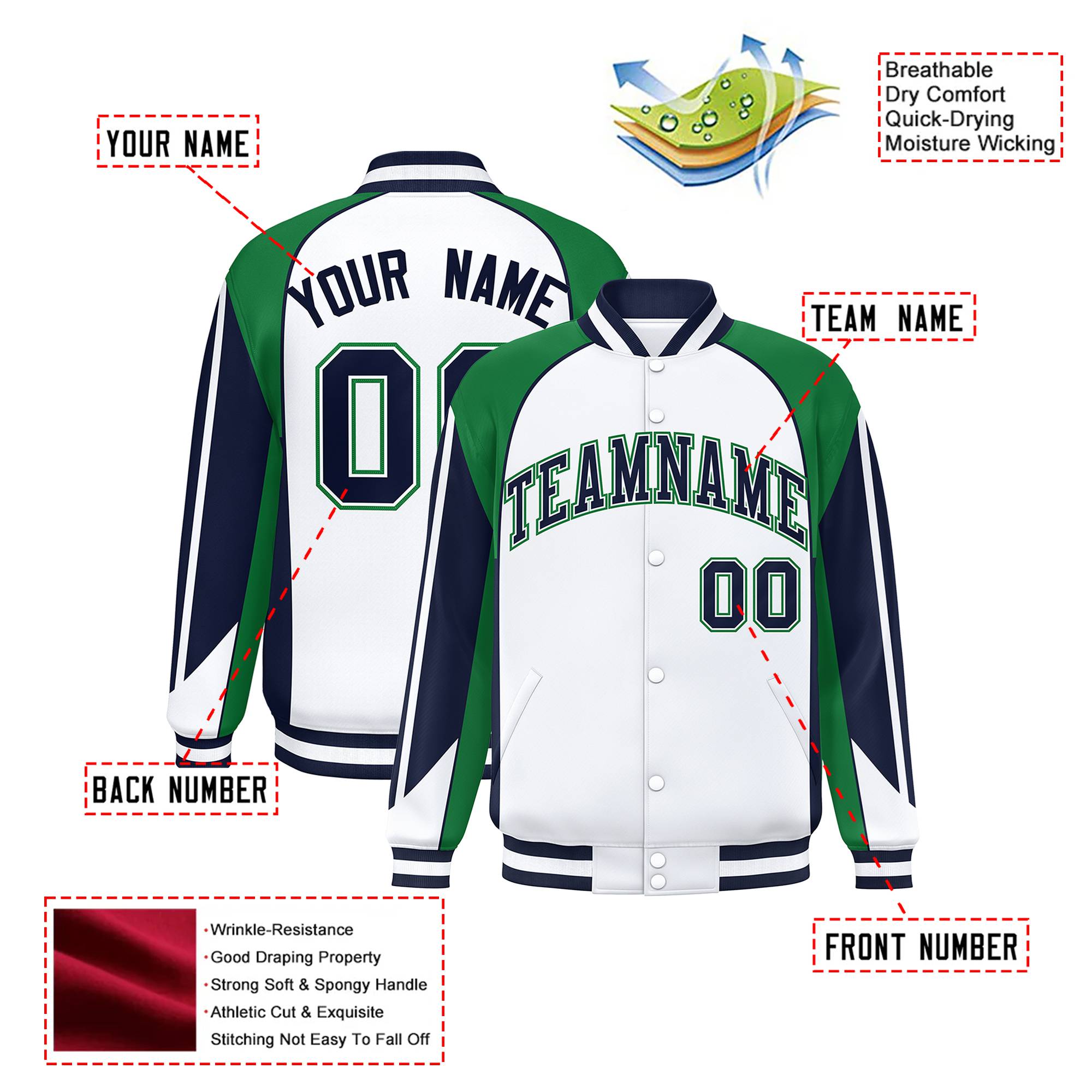 Custom White Green-Navy Raglan Sleeves Varsity Letterman Two Tone Jacket