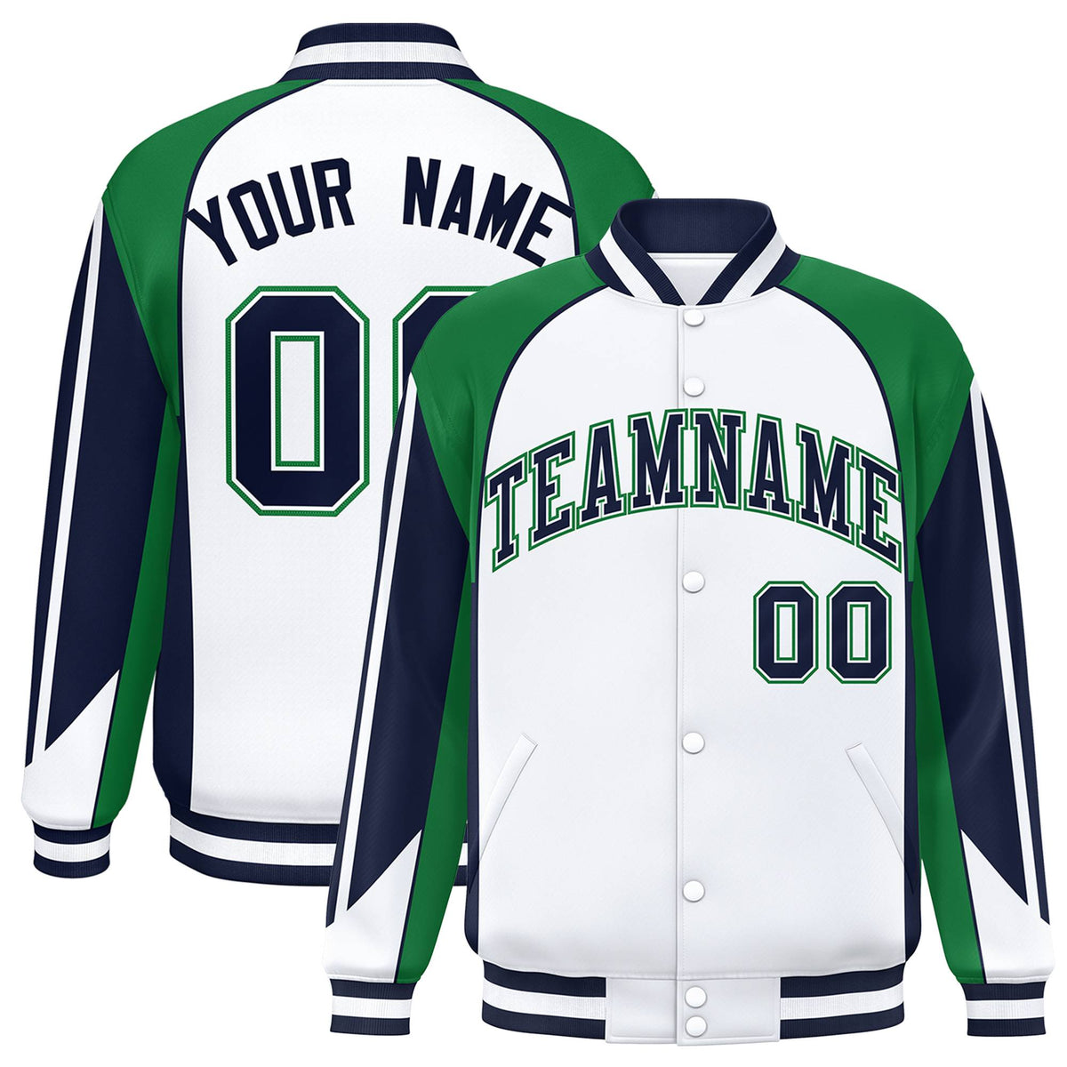 Custom White Green-Navy Raglan Sleeves Varsity Letterman Two Tone Jacket