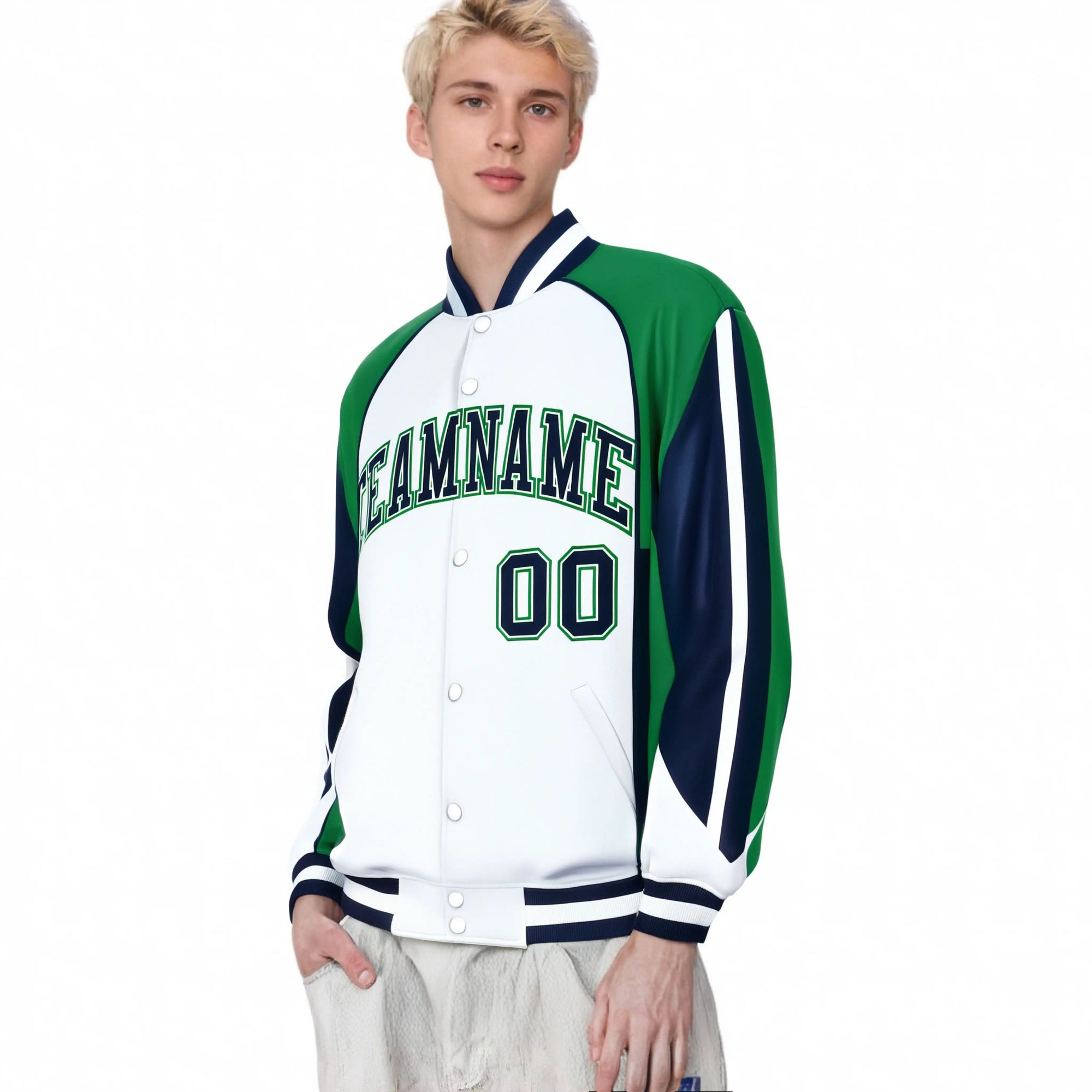 Custom White Green-Navy Raglan Sleeves Varsity Letterman Two Tone Jacket