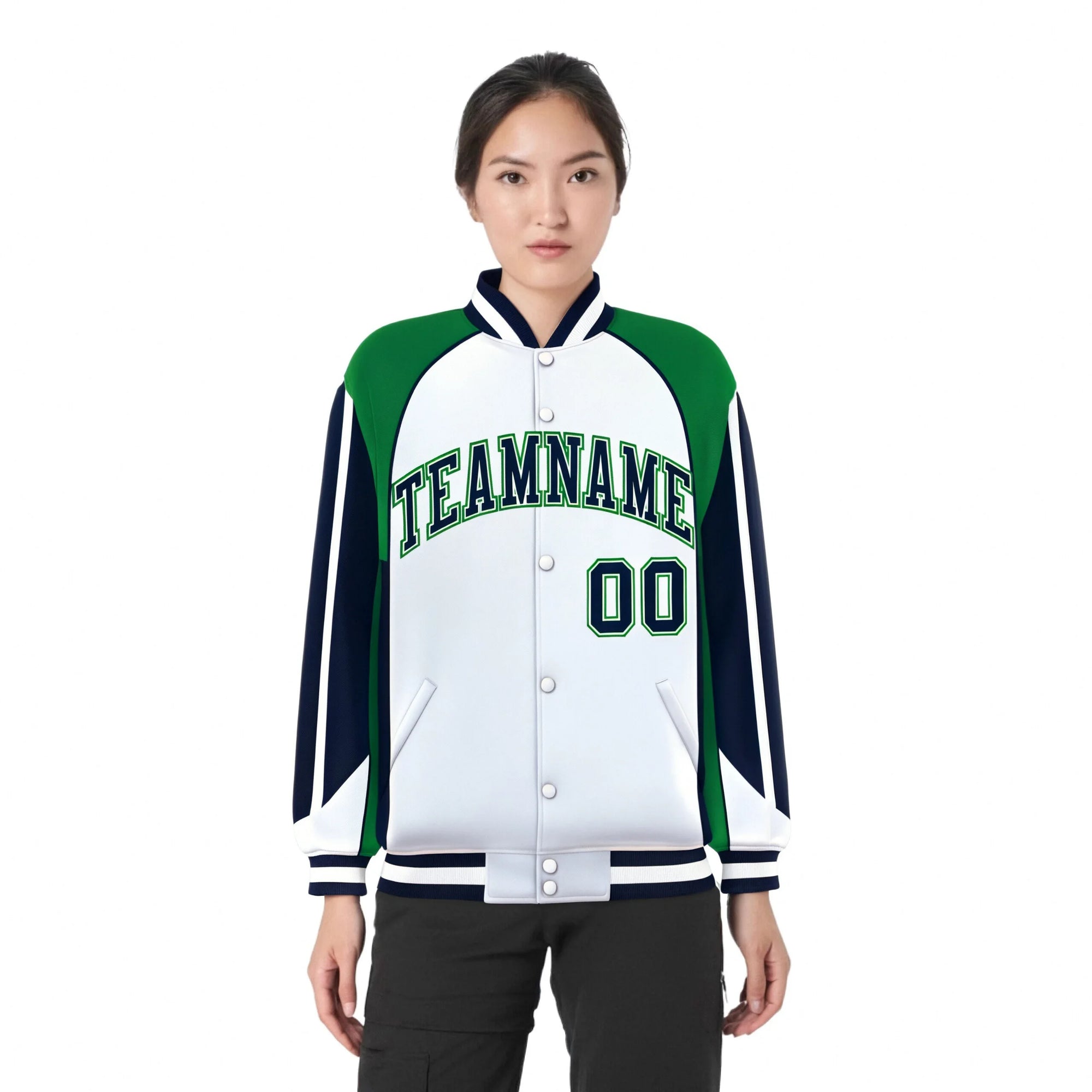 Custom White Green-Navy Raglan Sleeves Varsity Letterman Two Tone Jacket