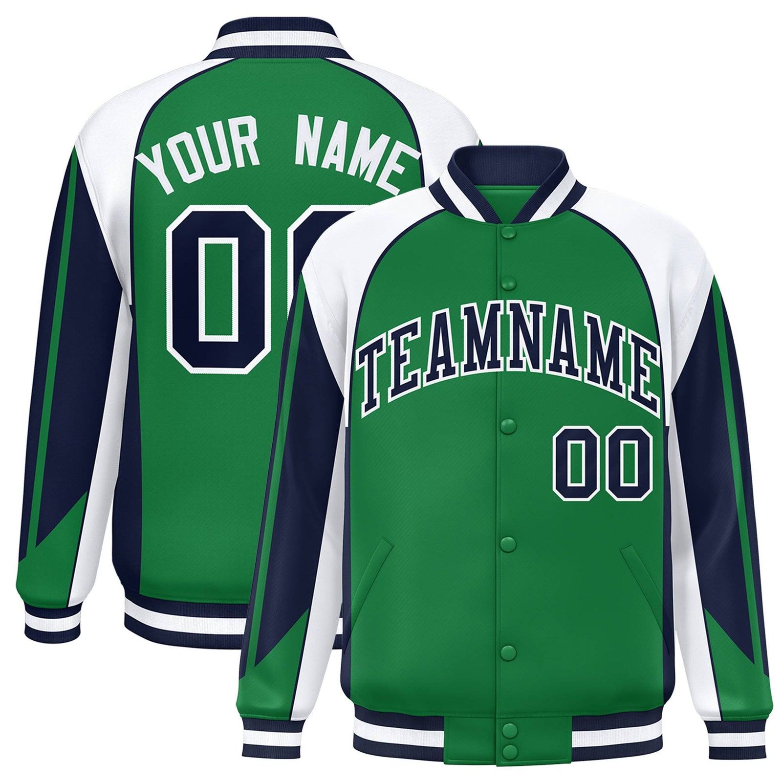 Custom Green White-Navy Raglan Sleeves Varsity Letterman Two Tone Jacket