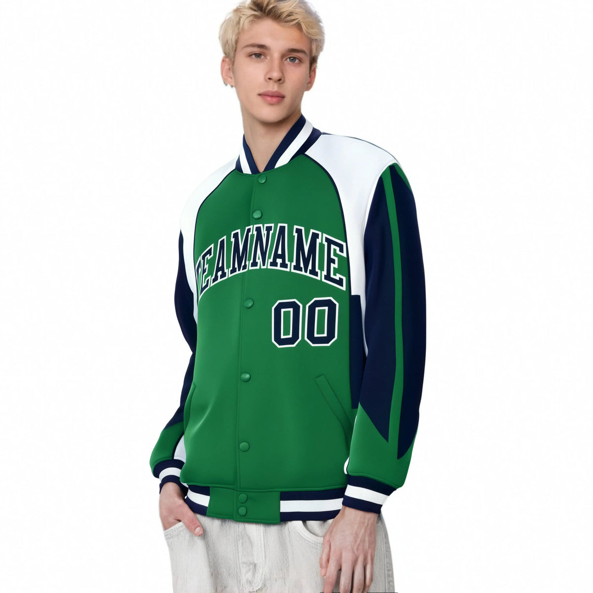 Custom Green White-Navy Raglan Sleeves Varsity Letterman Two Tone Jacket