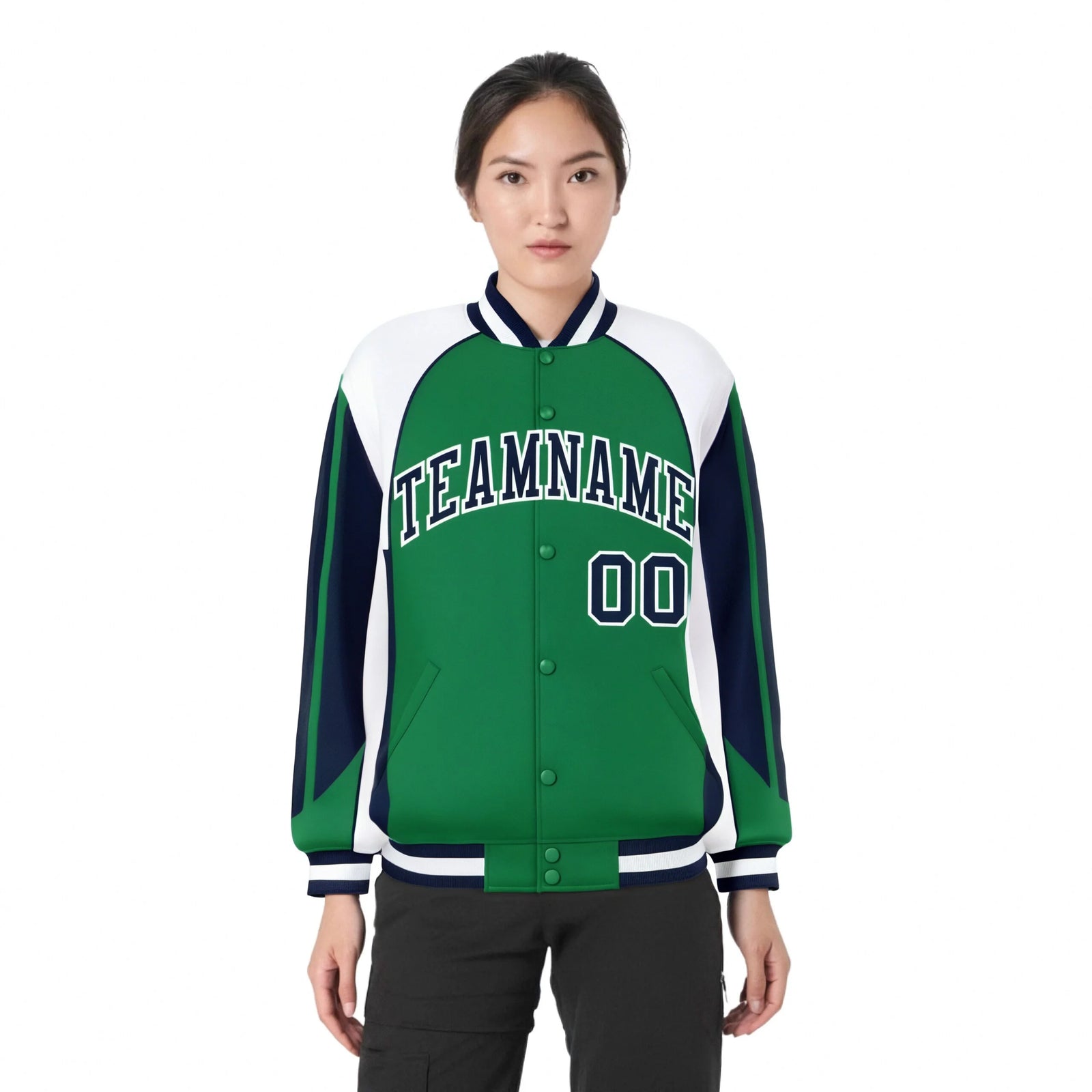 Custom Green White-Navy Raglan Sleeves Varsity Letterman Two Tone Jacket