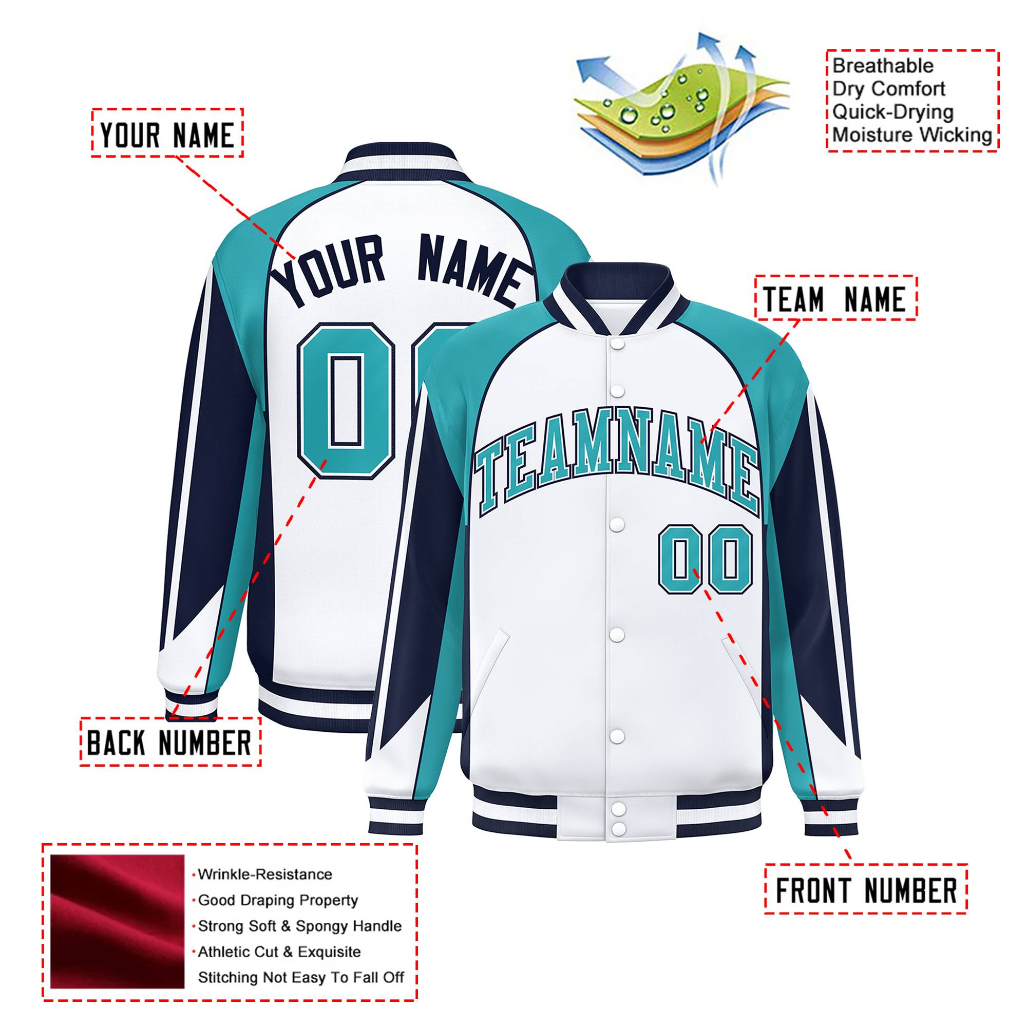 Custom White Aqua-Navy Raglan Sleeves Varsity Letterman Two Tone Jacket