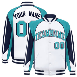 Custom White Aqua-Navy Raglan Sleeves Varsity Letterman Jacket - Style 1
