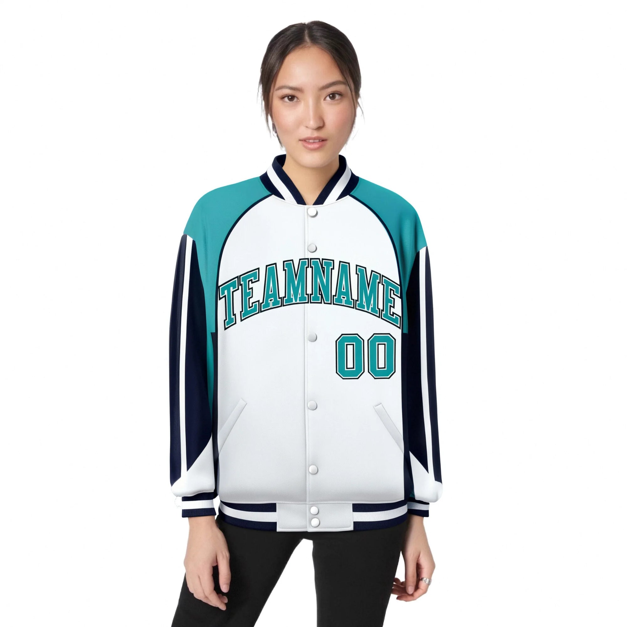 Custom White Aqua-Navy Raglan Sleeves Varsity Letterman Two Tone Jacket