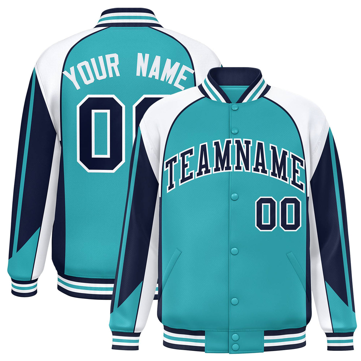 Custom Aqua White-Navy Raglan Sleeves Varsity Letterman Two Tone Jacket