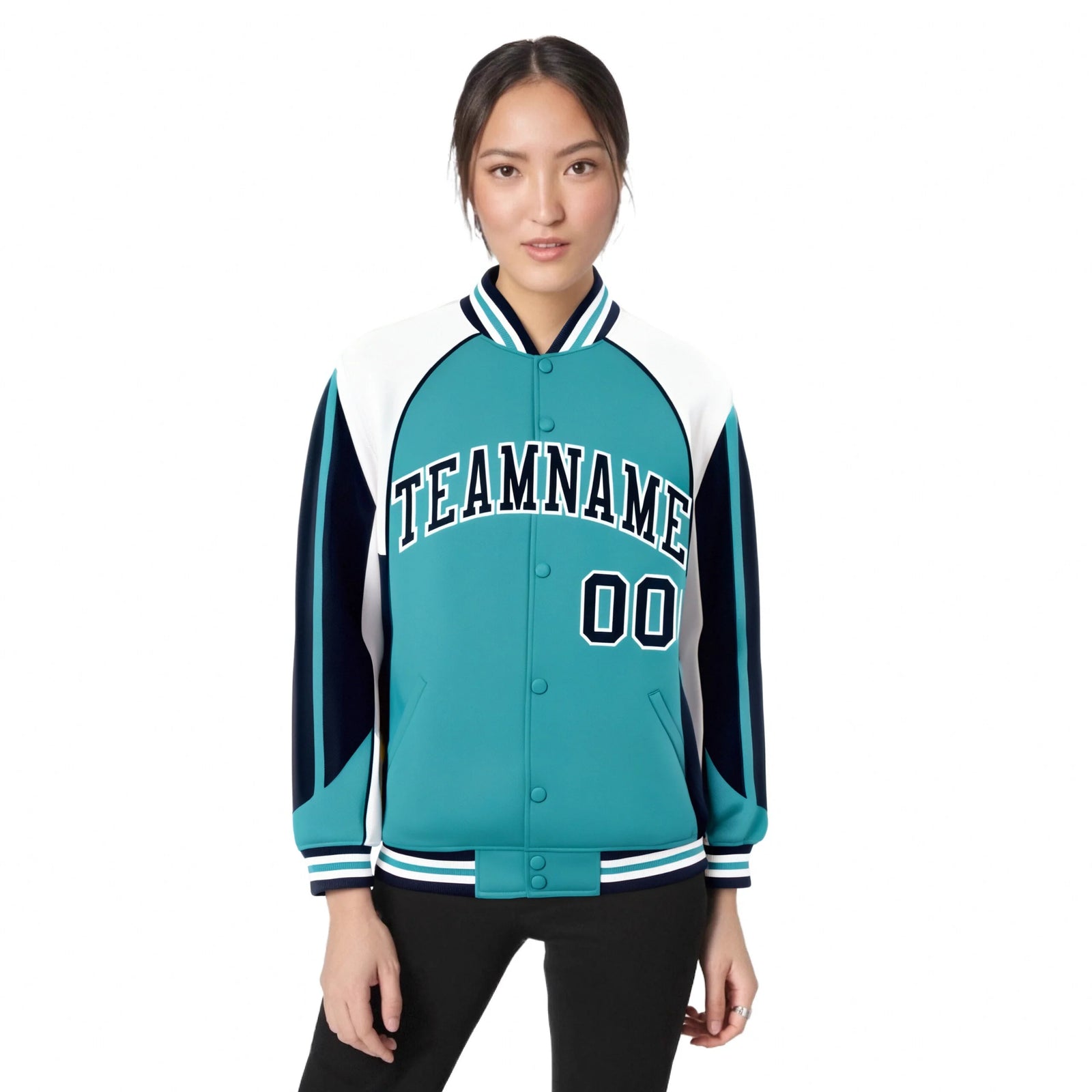 Custom Aqua White-Navy Raglan Sleeves Varsity Letterman Two Tone Jacket