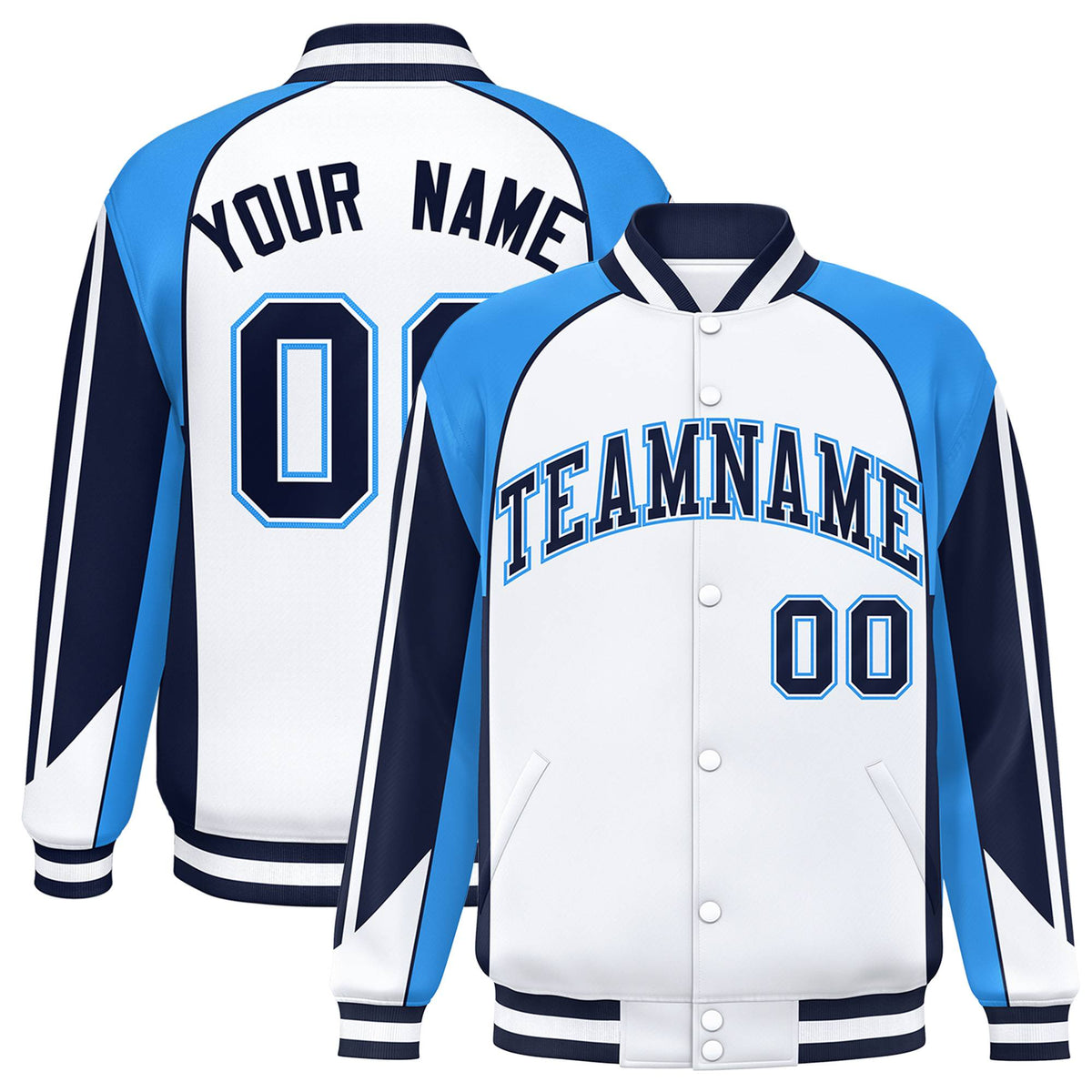 Custom White Light-Blue Navy Raglan Sleeves Varsity Letterman Two Tone Jacket