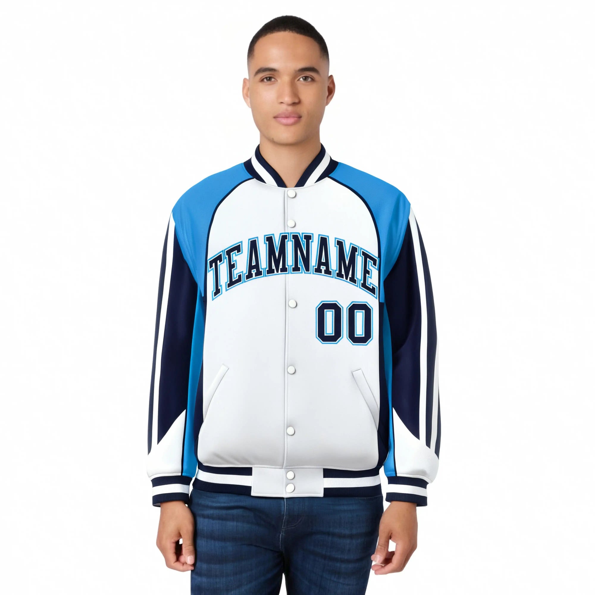 Custom White Light-Blue Navy Raglan Sleeves Varsity Letterman Two Tone Jacket