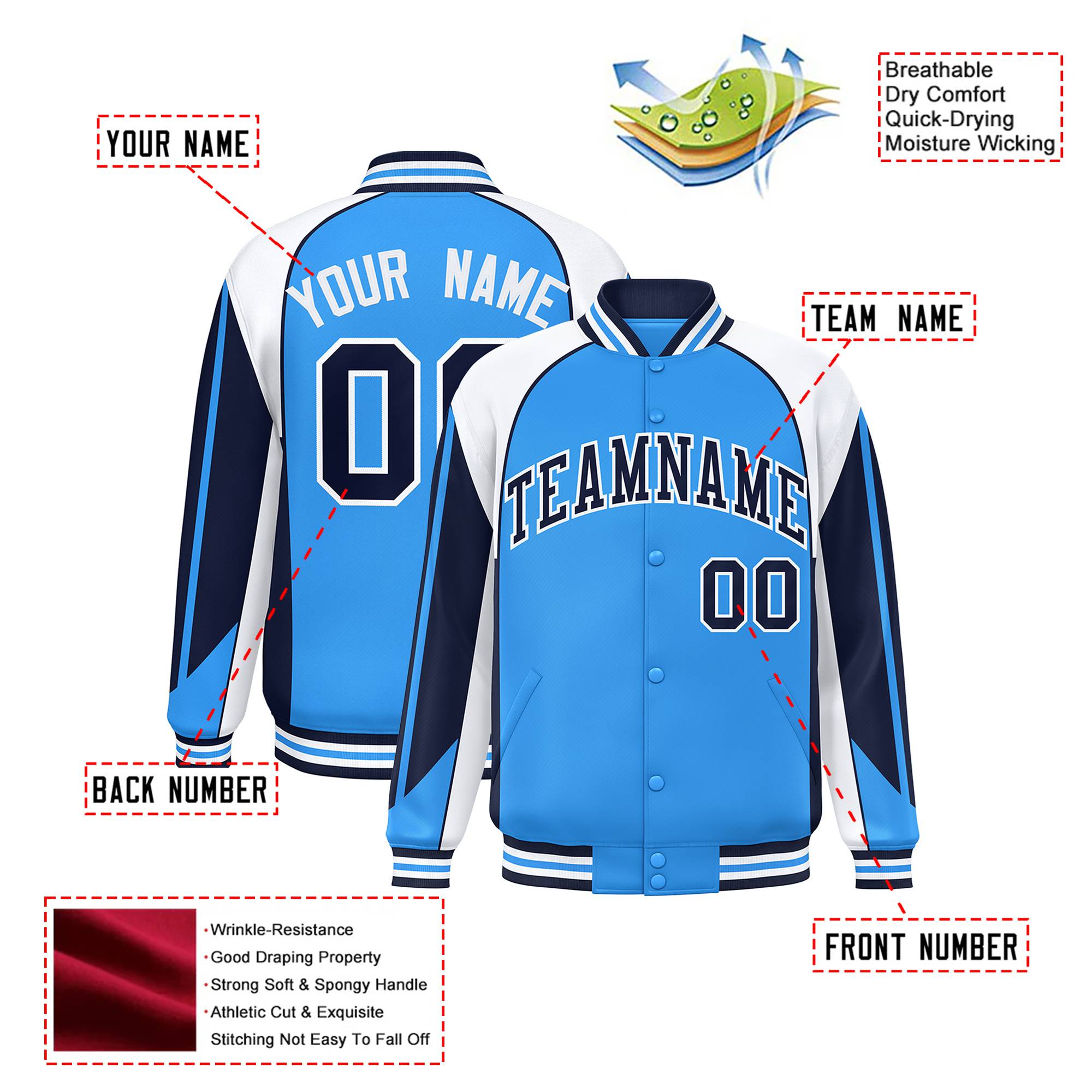 Custom Light-Blue White-Navy Raglan Sleeves Varsity Letterman Two Tone Jacket