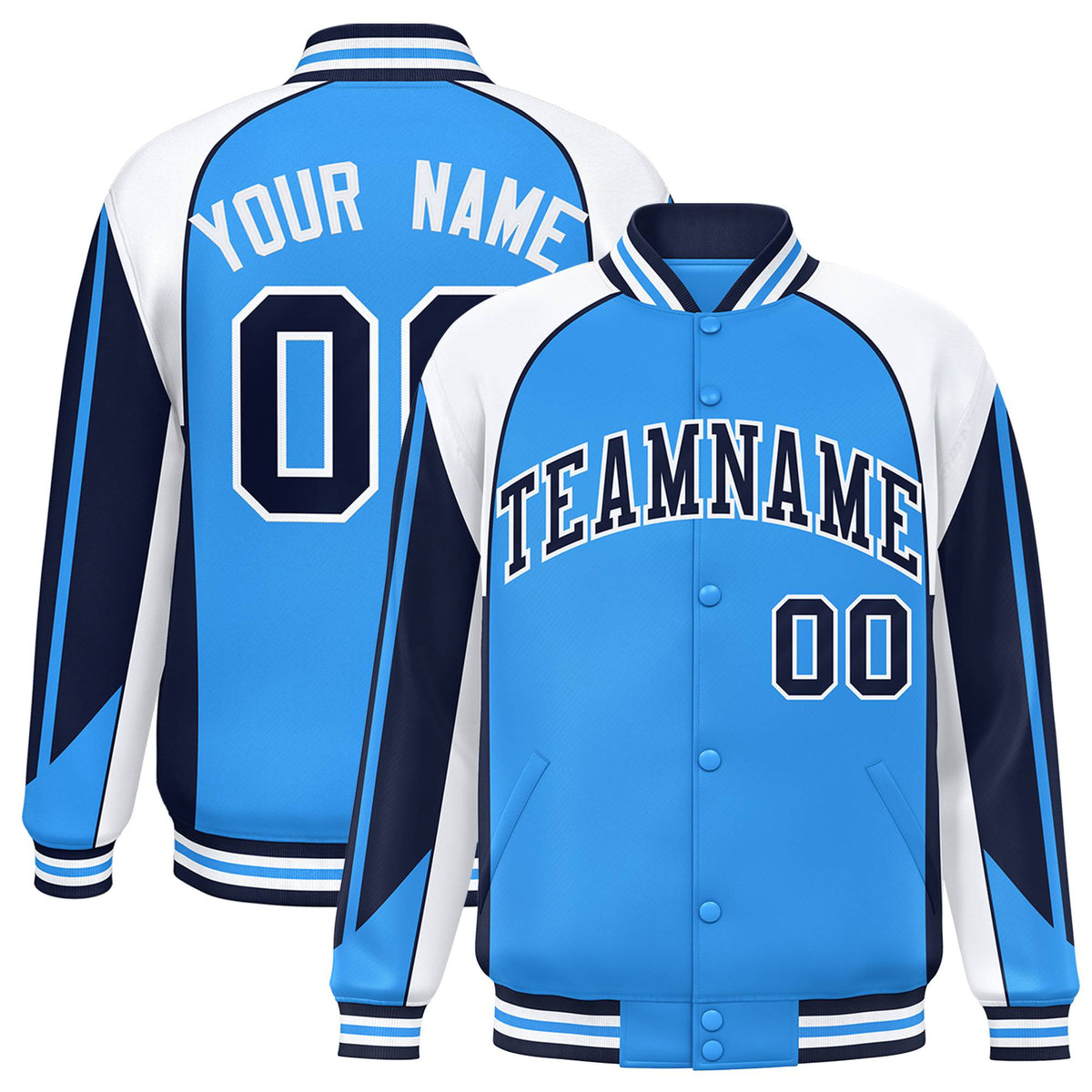 Custom Light-Blue White-Navy Raglan Sleeves Varsity Letterman Two Tone Jacket