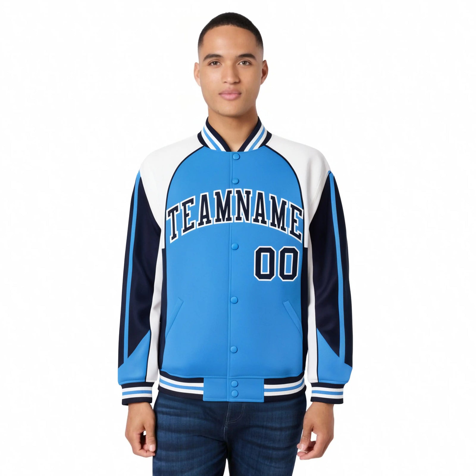 Custom Light-Blue White-Navy Raglan Sleeves Varsity Letterman Two Tone Jacket