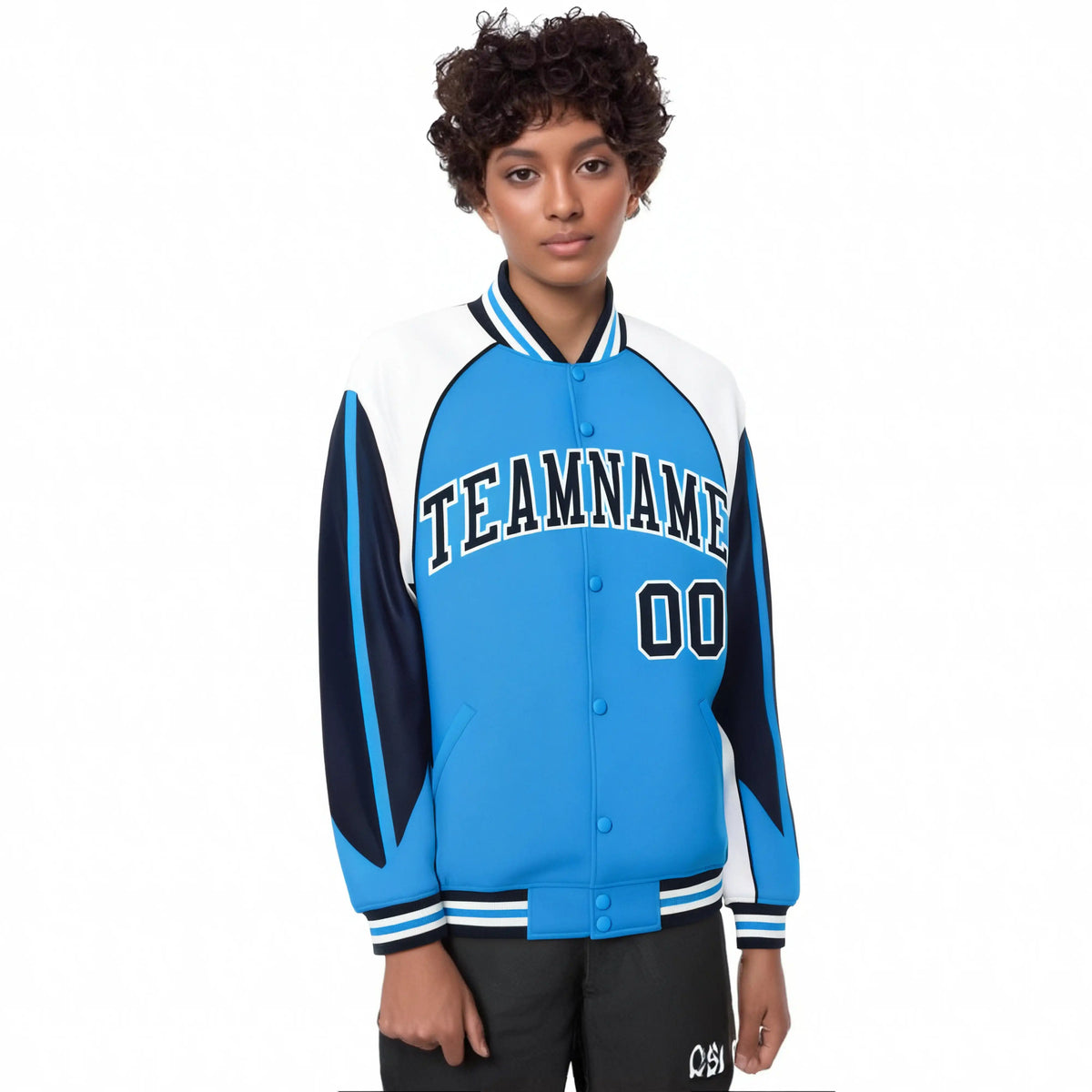 Custom Light-Blue White-Navy Raglan Sleeves Varsity Letterman Two Tone Jacket