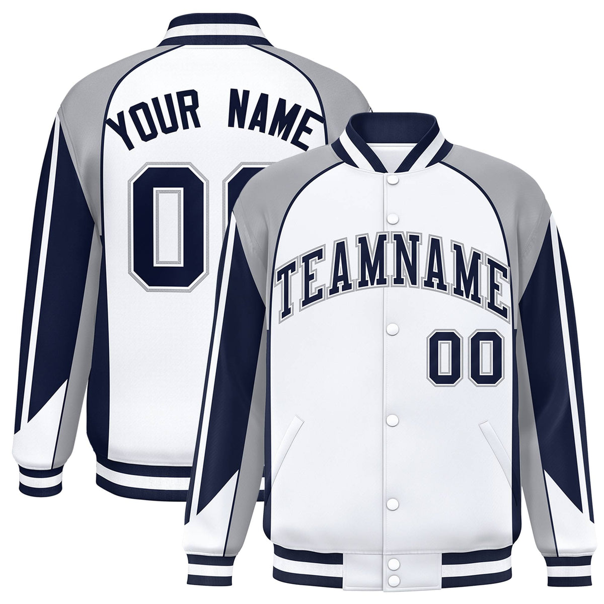 Custom White Gray-Navy Raglan Sleeves Varsity Letterman Two Tone Jacket