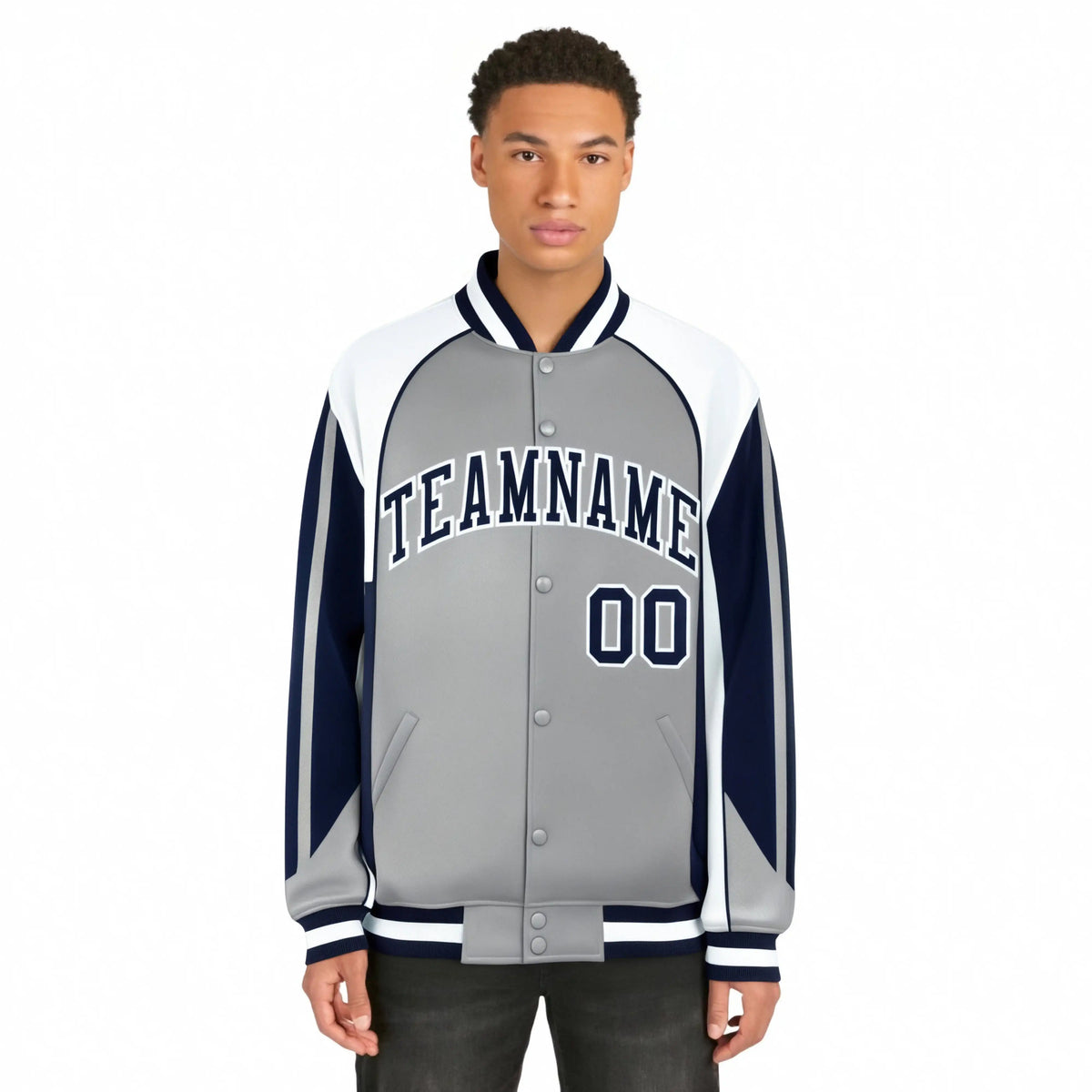 Custom Gray White-Navy Raglan Sleeves Varsity Letterman Two Tone Jacket