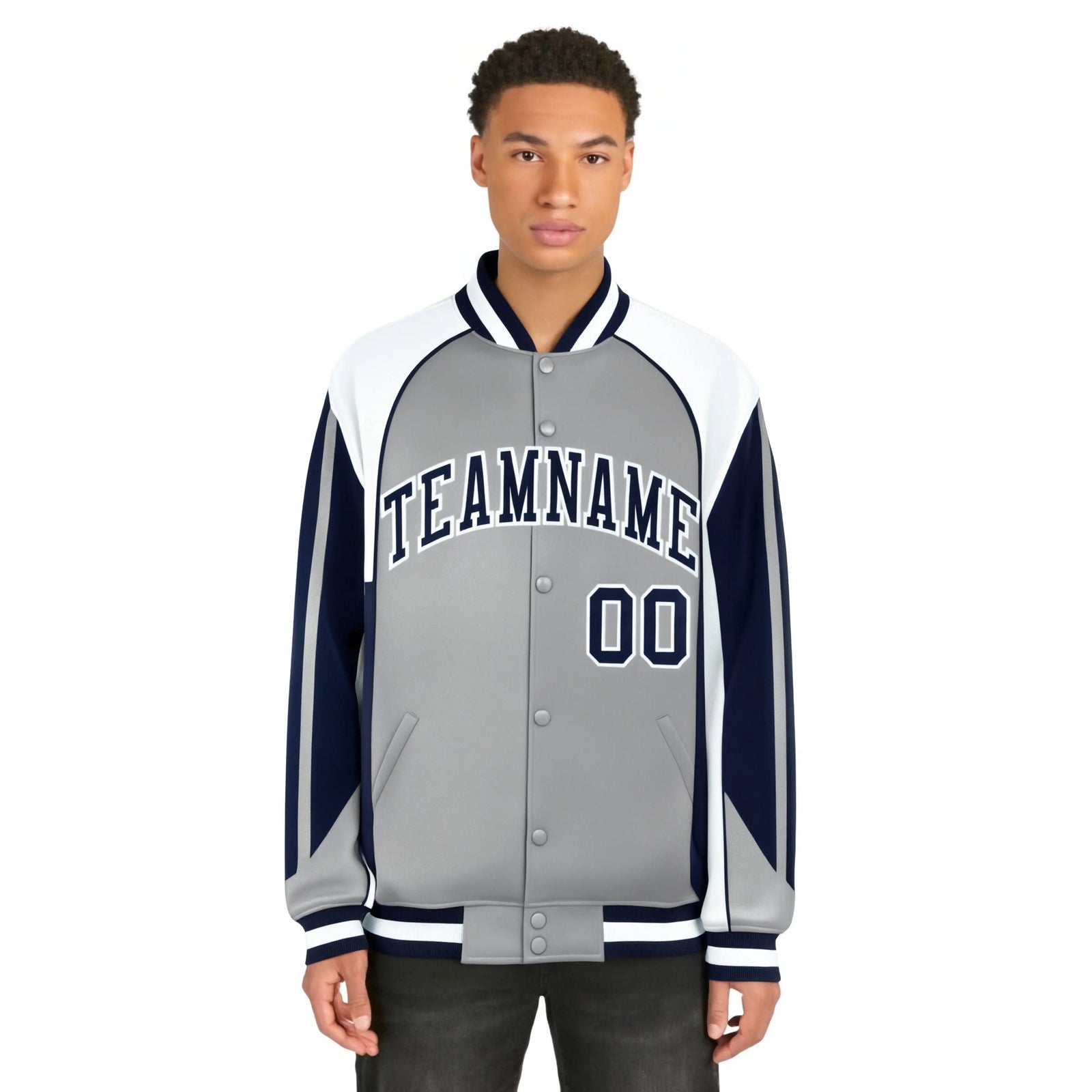 Custom Gray White-Navy Raglan Sleeves Varsity Letterman Two Tone Jacket