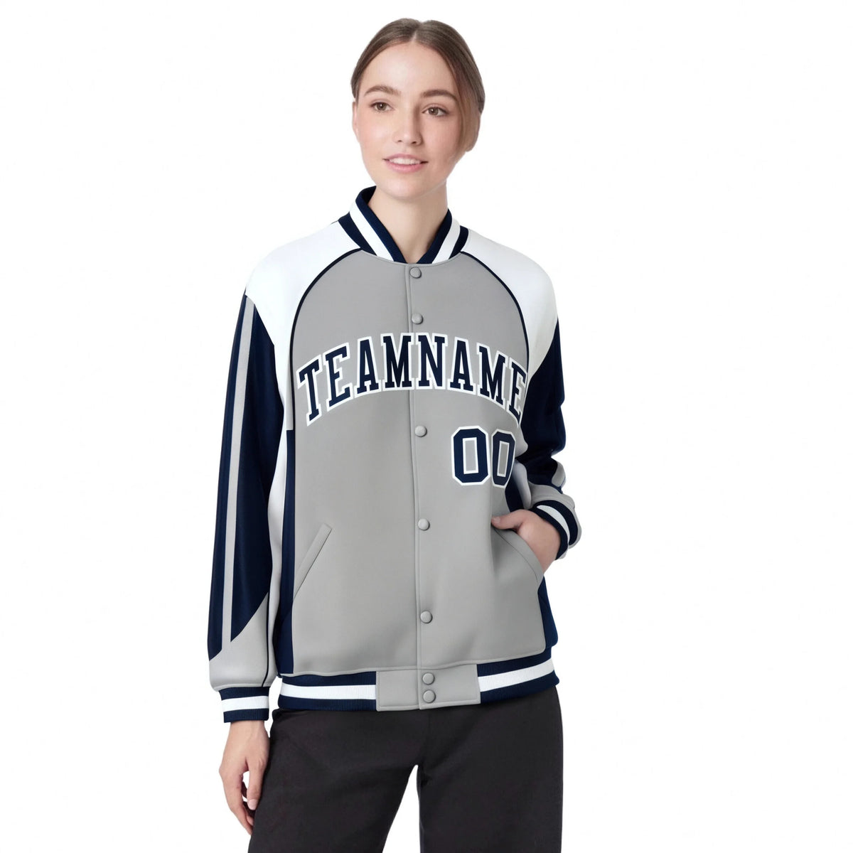Custom Gray White-Navy Raglan Sleeves Varsity Letterman Two Tone Jacket