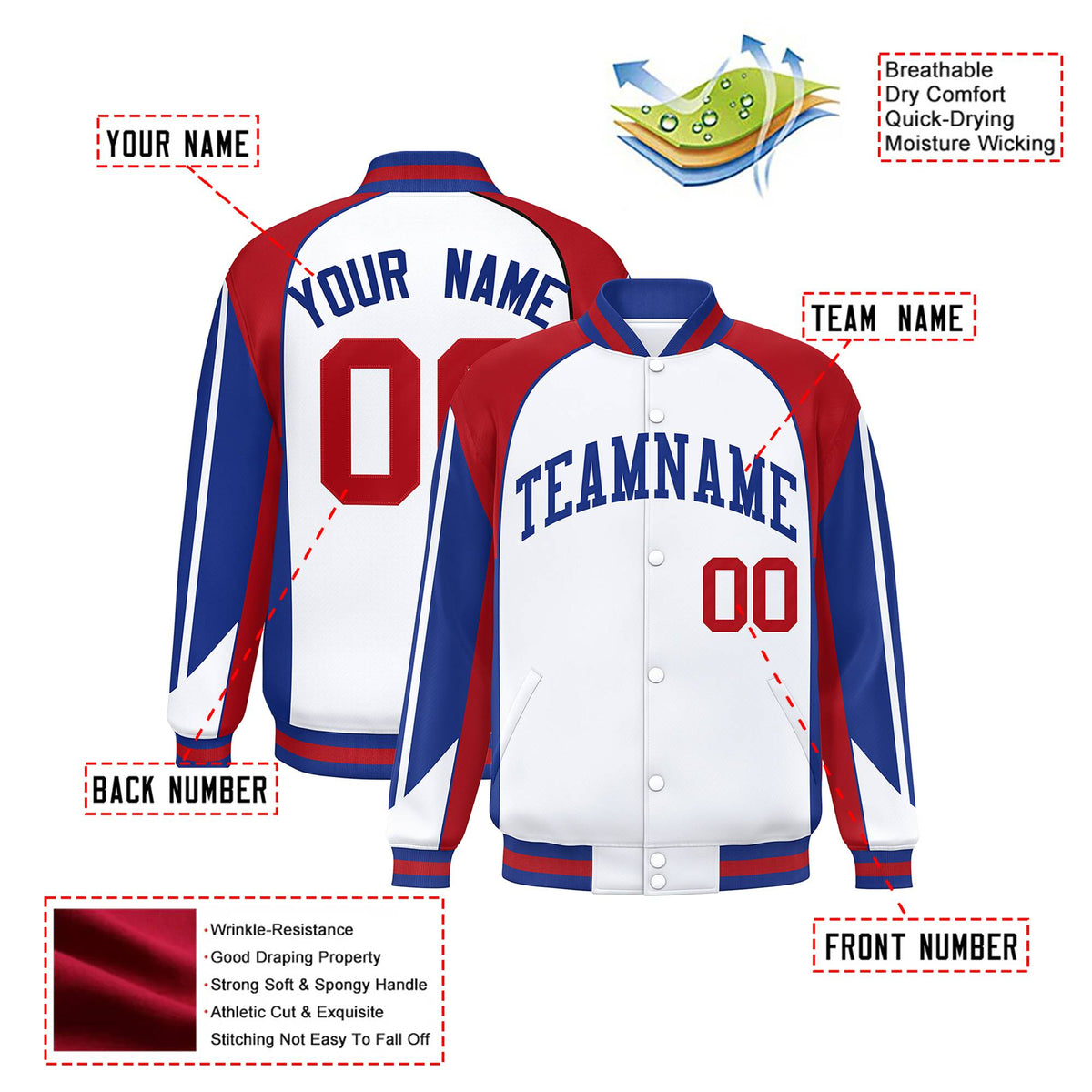Custom White Red-Blue Raglan Sleeves Varsity Letterman Two Tone Jacket