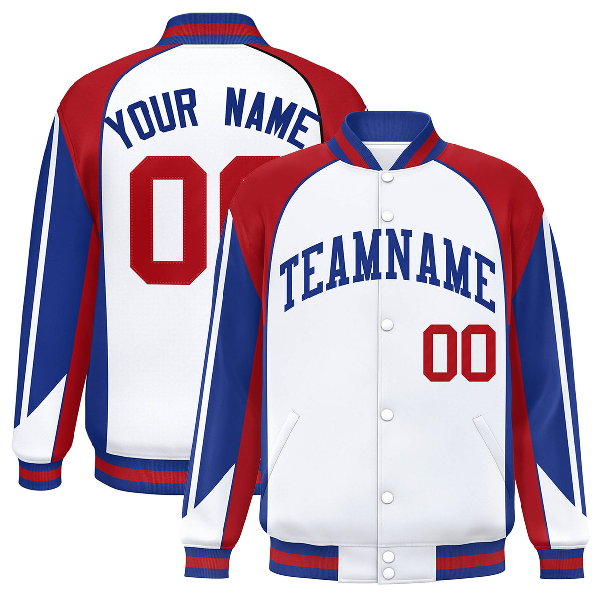Custom White Red-Blue Raglan Sleeves Varsity Letterman Two Tone Jacket
