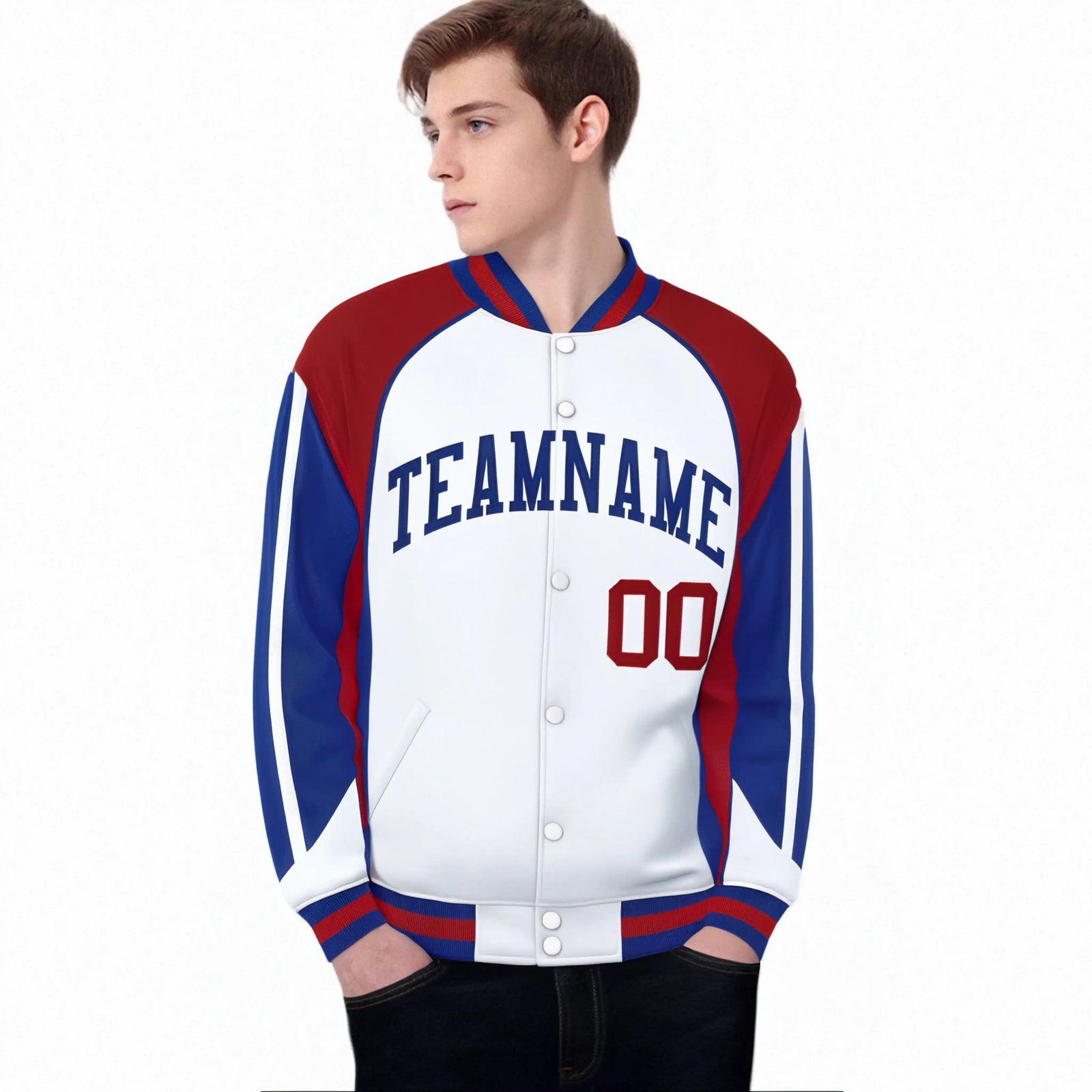 Custom White Red-Blue Raglan Sleeves Varsity Letterman Two Tone Jacket