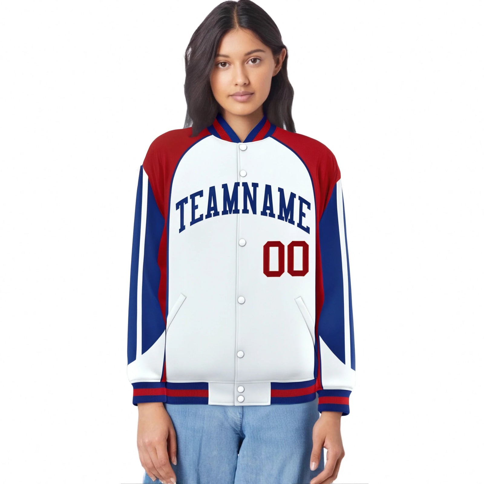 Custom White Red-Blue Raglan Sleeves Varsity Letterman Two Tone Jacket