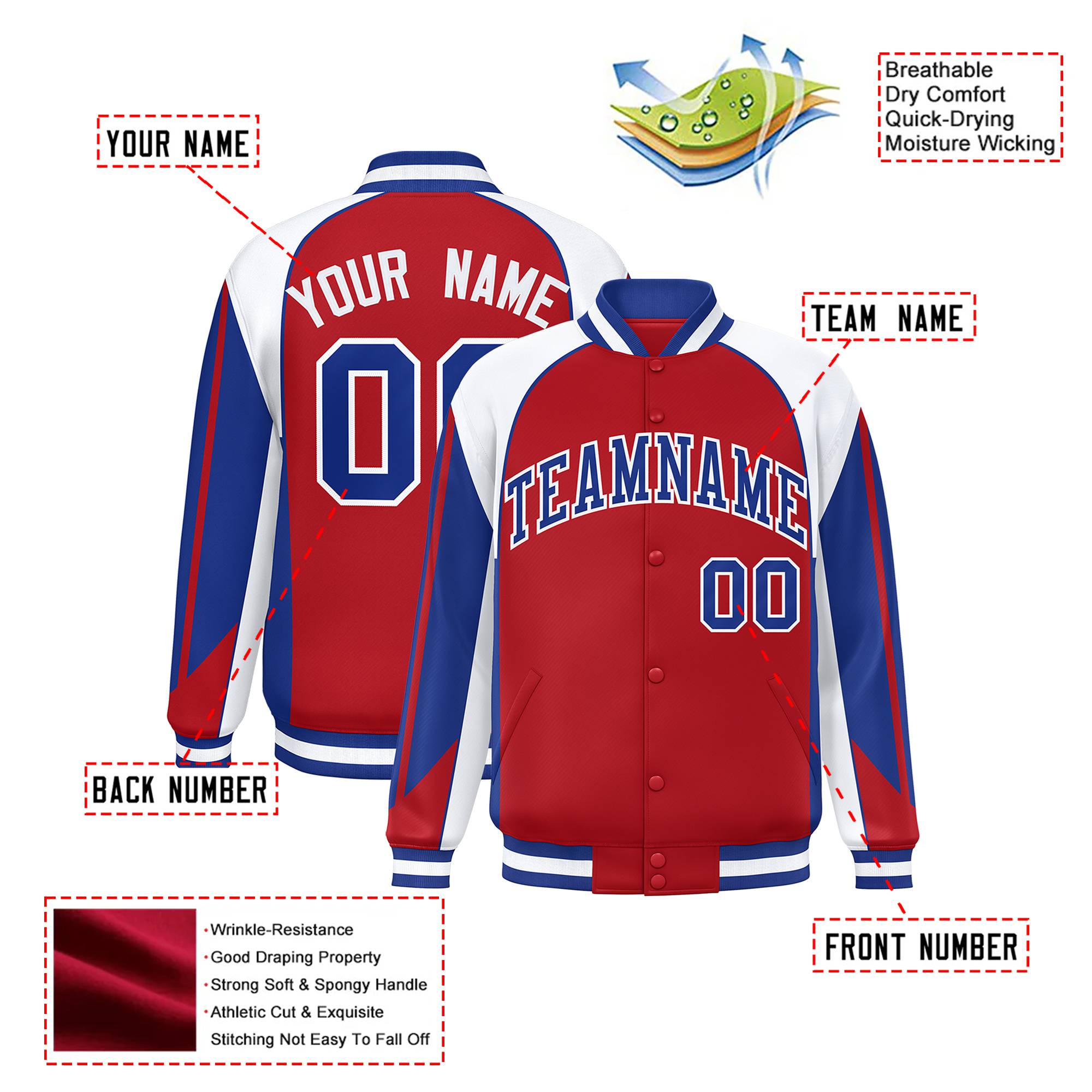 Custom Royal-Red White-Blue Navy Raglan Sleeves Varsity Letterman Two Tone Jacket