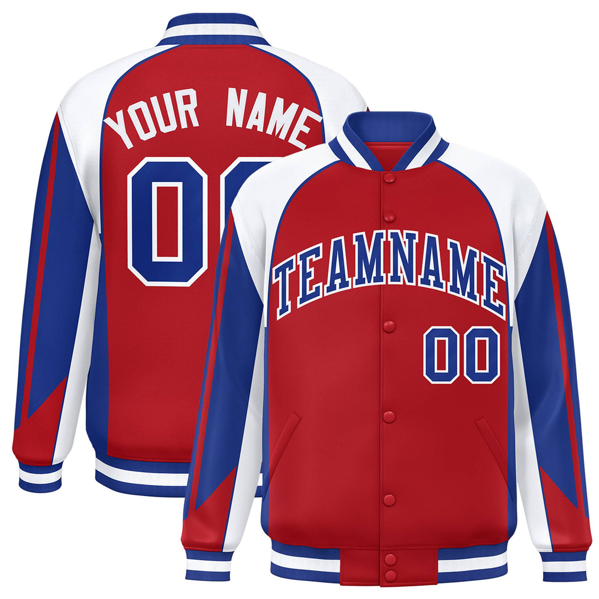 Custom Royal-Red White-Blue Navy Raglan Sleeves Varsity Letterman Two Tone Jacket