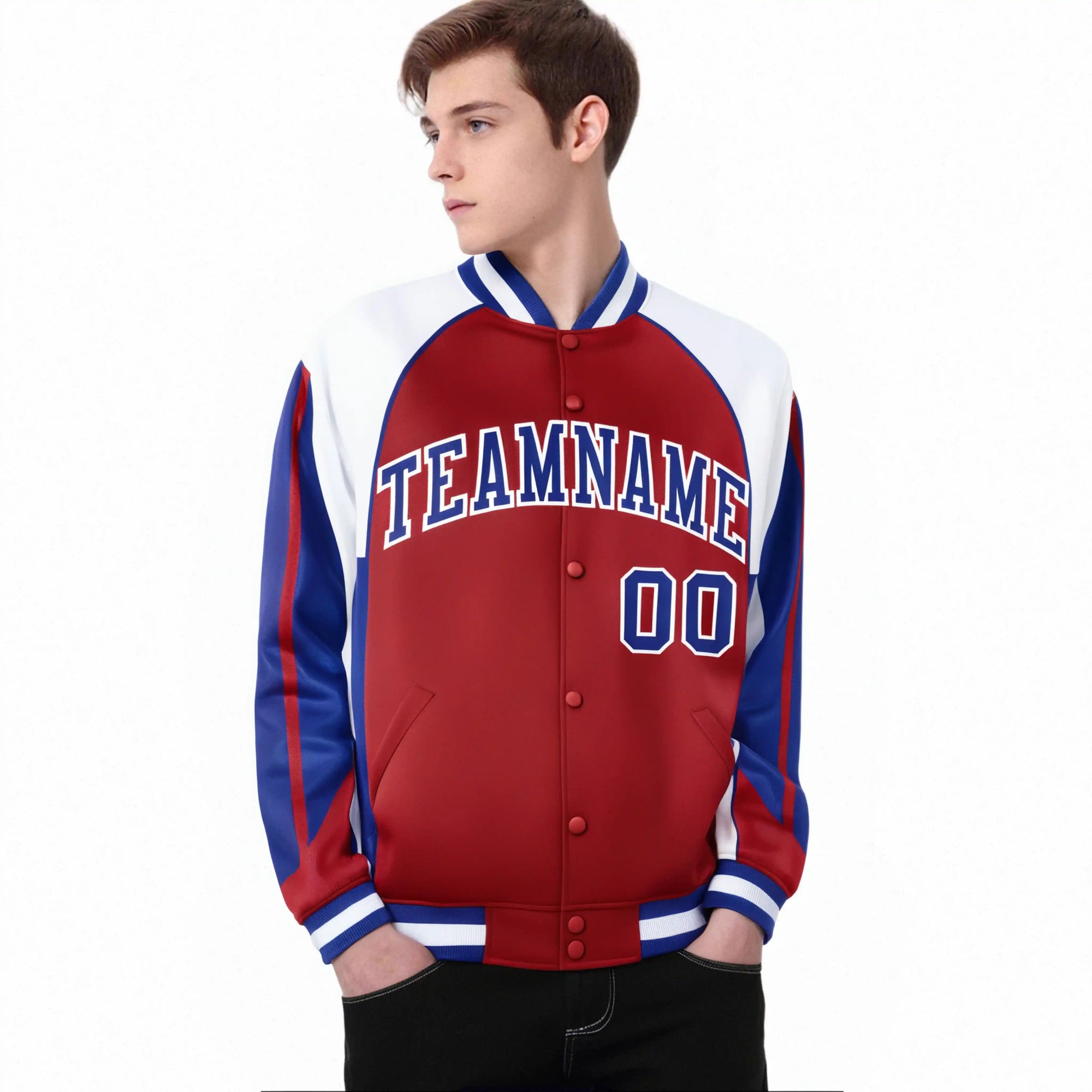 Custom Royal-Red White-Blue Navy Raglan Sleeves Varsity Letterman Two Tone Jacket